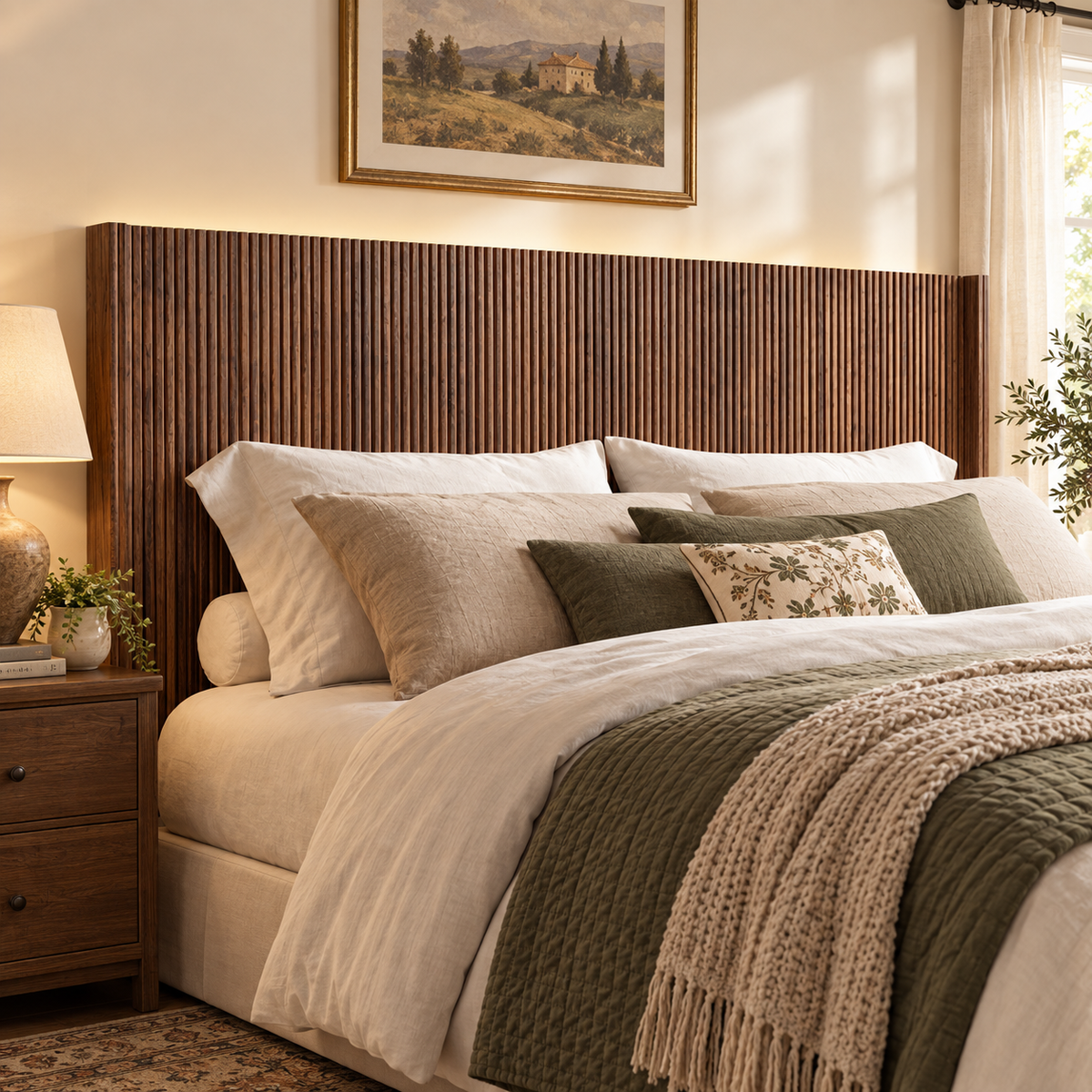HMstone Queen Size Boho Headboard Only, Modern Fluted Wall-Mounted Head Board with Lighting, Wood Bed Headboard Stylish Bedroom Decor, Espresso