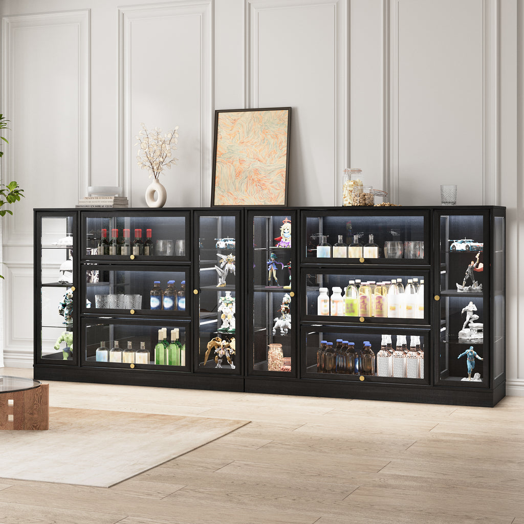 HMstone Display Cabinet with Acrylic Glass Doors, Extra Wide Curio Display Case with LED Lights, 56" W x 42" H Storage Cabinet for Collectibles, Books, Black