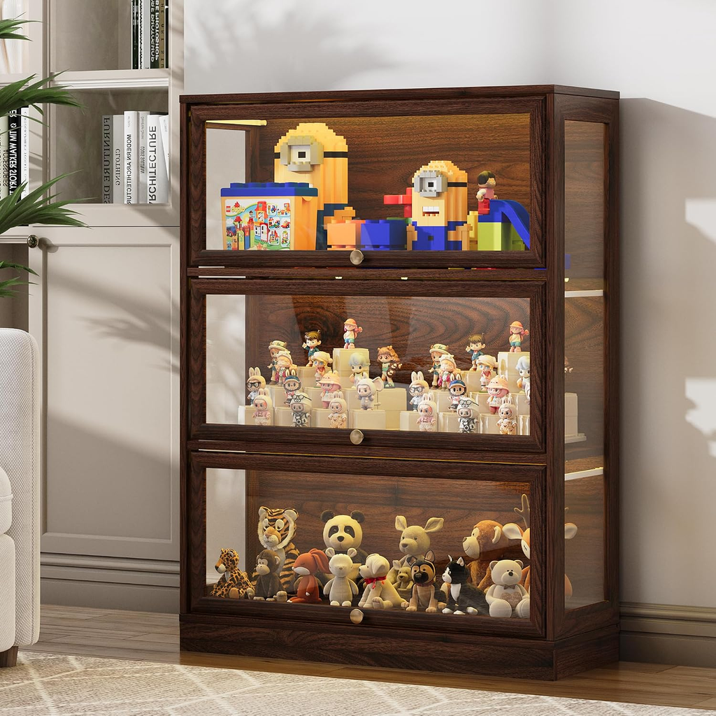 HMstone Display Cabinet with Acrylic Glass Doors, 3-Tiers Curio Display Case with LED Lights, 42’’H Storage Cabinet for Collectibles, Books, Walnut