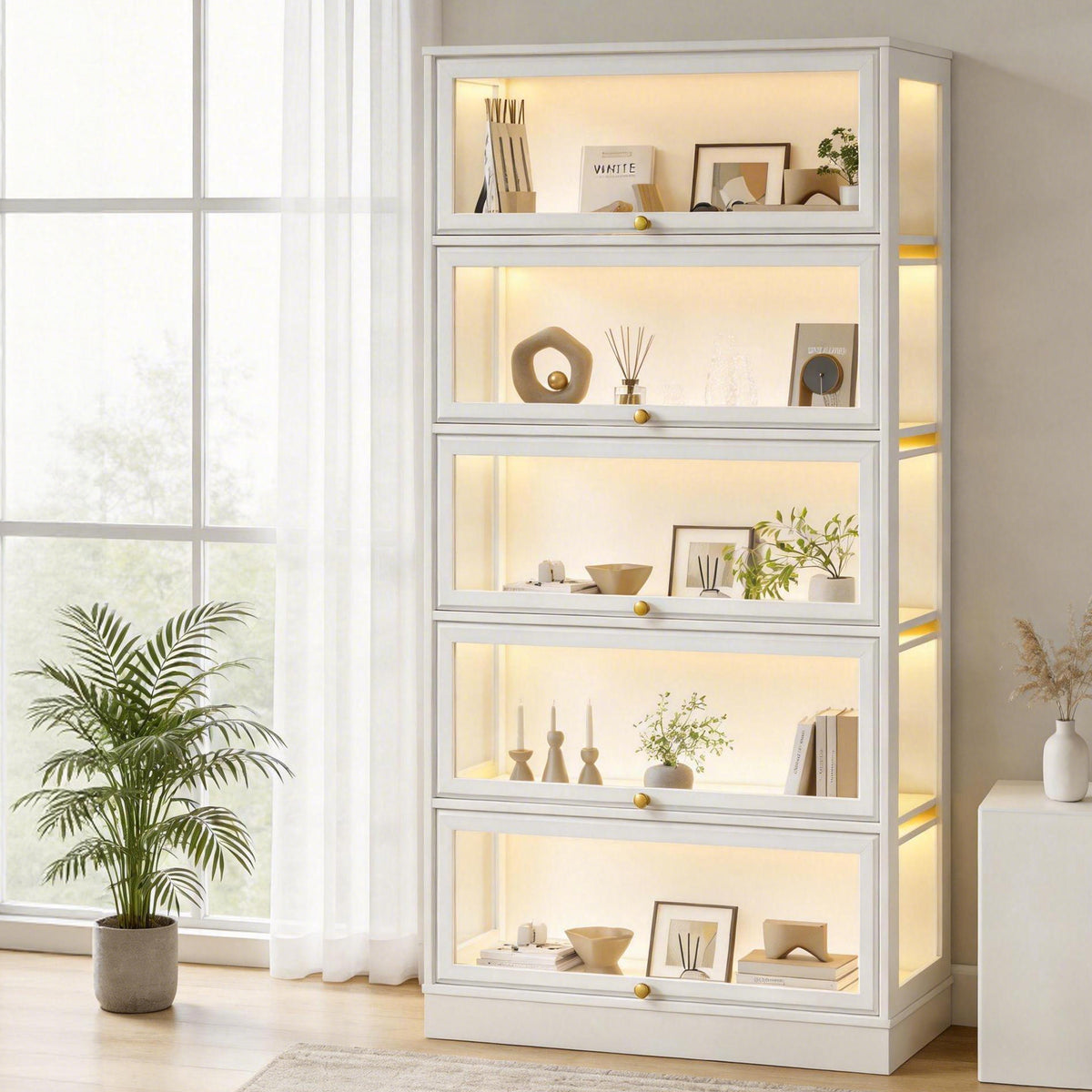 HMstone Display Cabinet with Acrylic Glass Doors, 5-Tiers Curio Display Case with LED Lights, 67" H Storage Cabinet for Collectibles, Books, White