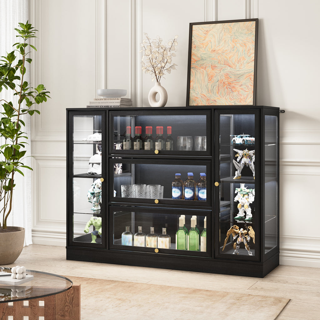HMstone Display Cabinet with Acrylic Glass Doors, Extra Wide Curio Display Case with LED Lights, 56" W x 42" H Storage Cabinet for Collectibles, Books, Black
