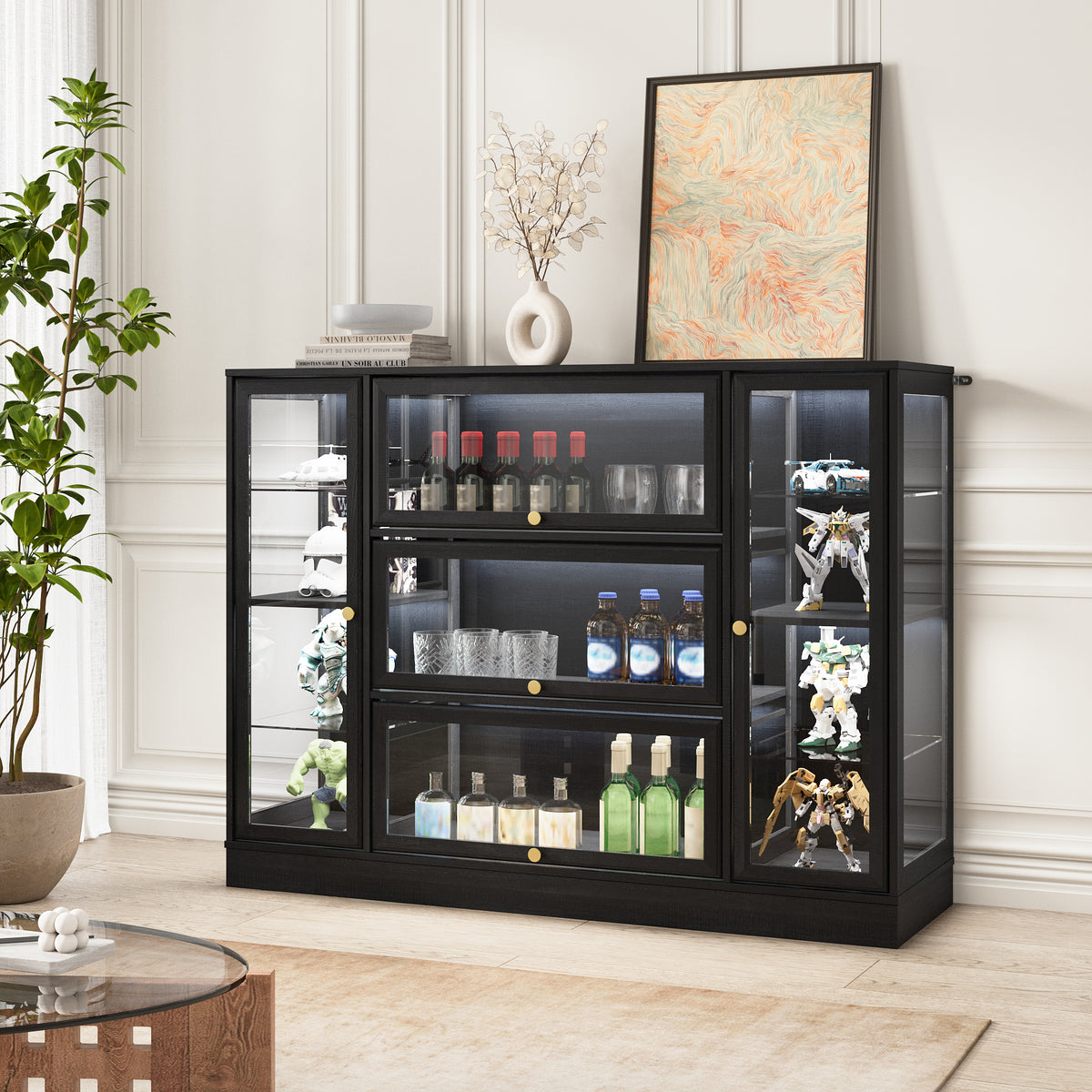 HMstone Display Cabinet with Acrylic Glass Doors, Extra Wide Curio Display Case with LED Lights, 56" W x 42" H Storage Cabinet for Collectibles, Books, Black