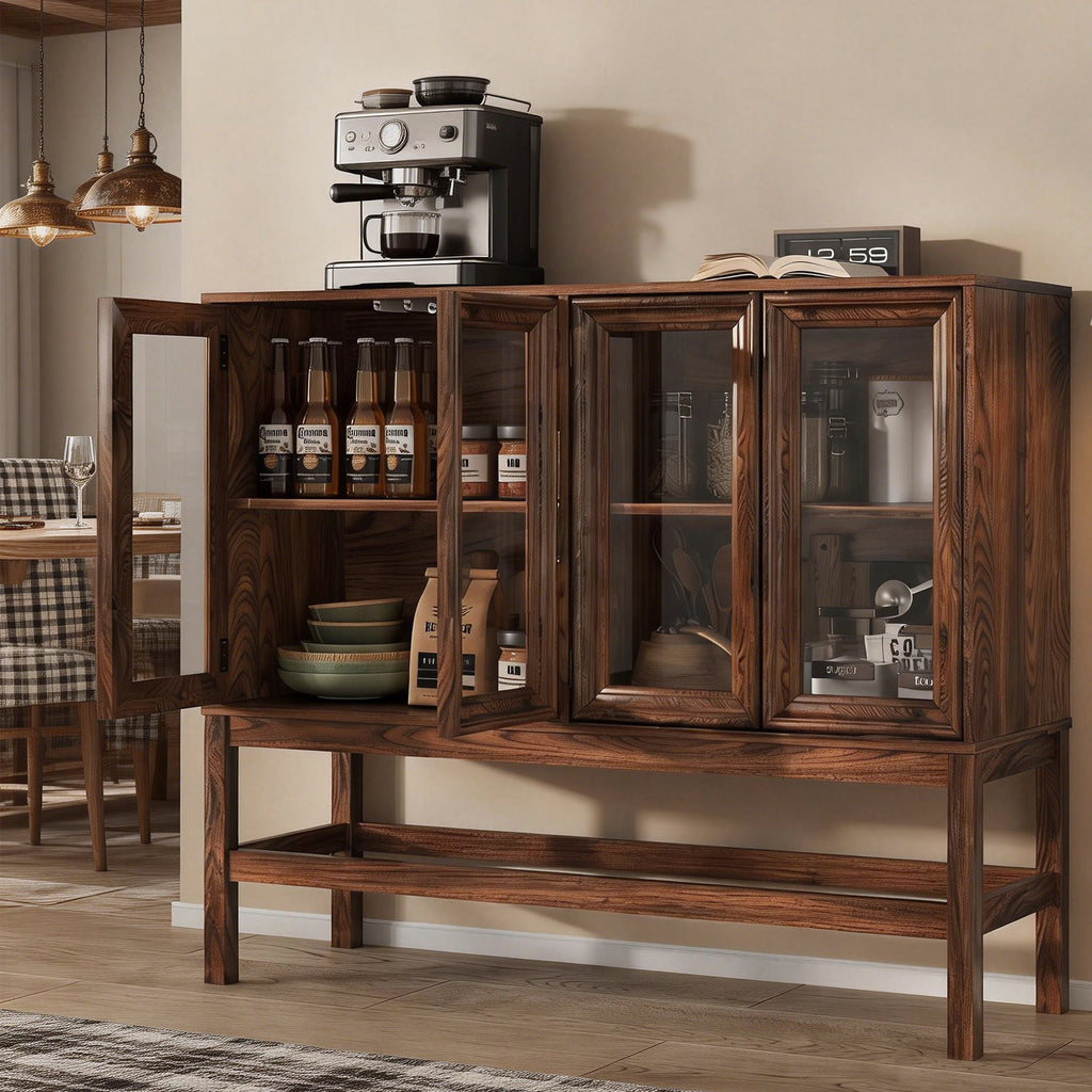 HMstone Sideboard Buffet Cabinet 47"W Storage Cabinet with 4 Glass Press-to-Open Doors, Coffee Bar Cabinet Buffet Table with Shelves for Kitchen, Living Room, Walnut