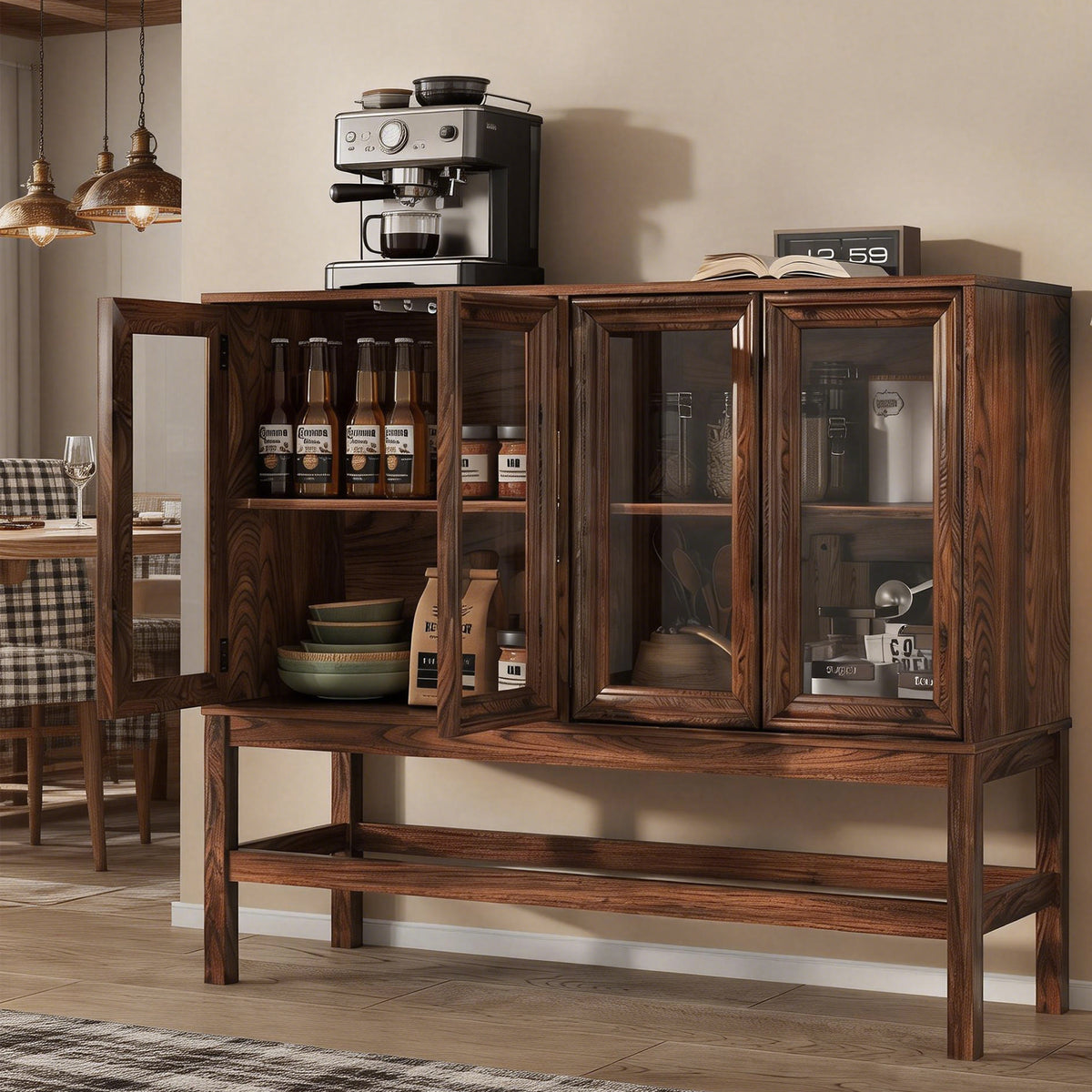 HMstone Sideboard Buffet Cabinet 47"W Storage Cabinet with 4 Glass Press-to-Open Doors, Coffee Bar Cabinet Buffet Table with Shelves for Kitchen, Living Room, Walnut