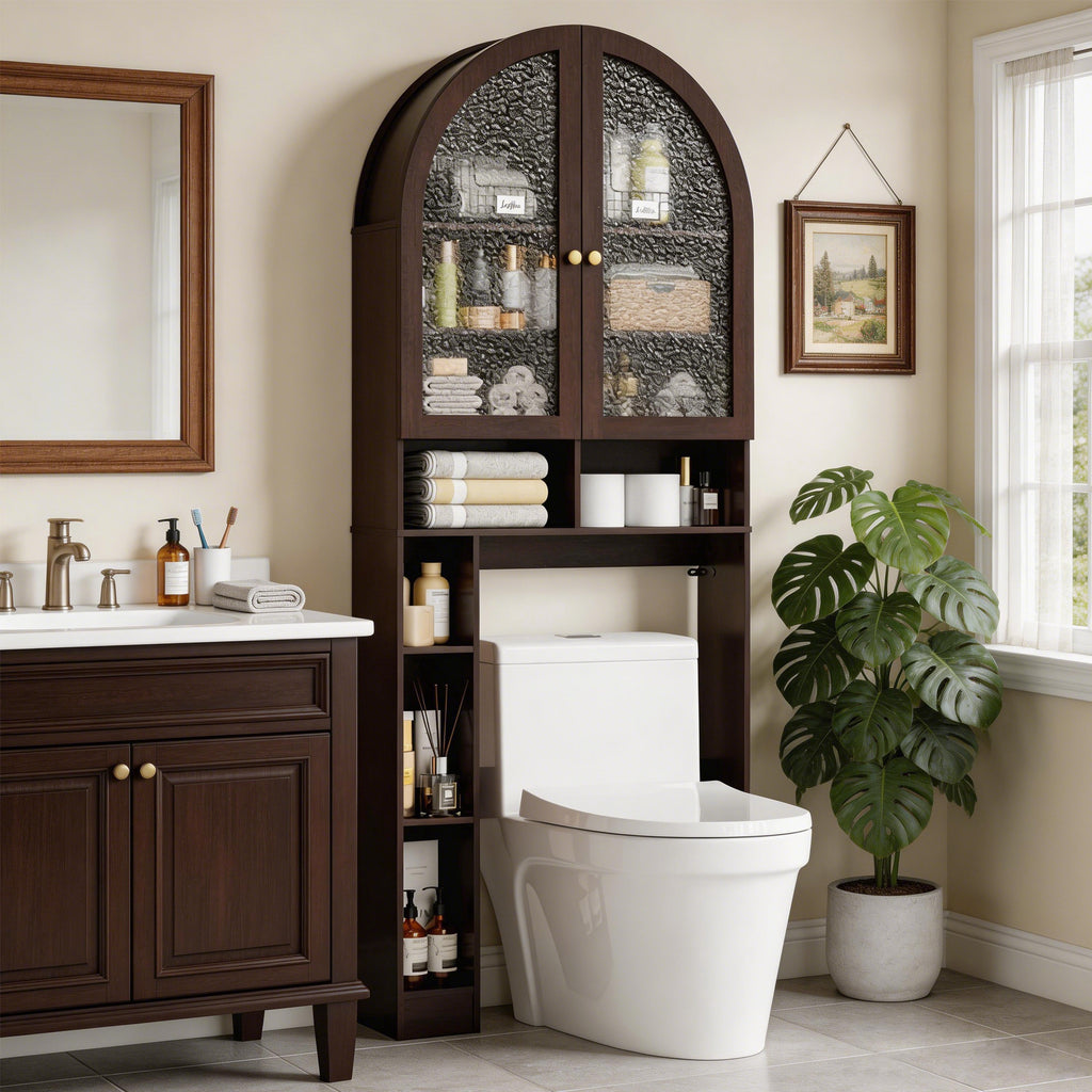 HMstone Over The Toilet Storage Cabinet, 29.7’’W Bathroom Storage Shelf Organizer with Acrylic Doors, Freestanding Above The Toilet Storage Cabinet with Adjustable Shelf for Bathroom, Espresso