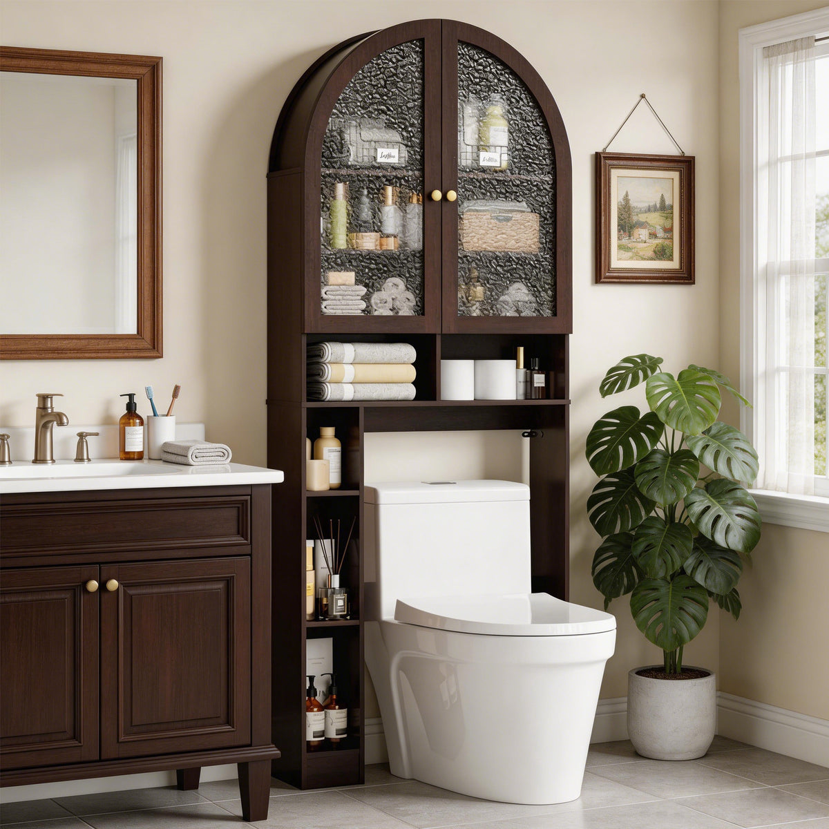HMstone Over The Toilet Storage Cabinet, 29.7’’W Bathroom Storage Shelf Organizer with Acrylic Doors, Freestanding Above The Toilet Storage Cabinet with Adjustable Shelf for Bathroom, Espresso