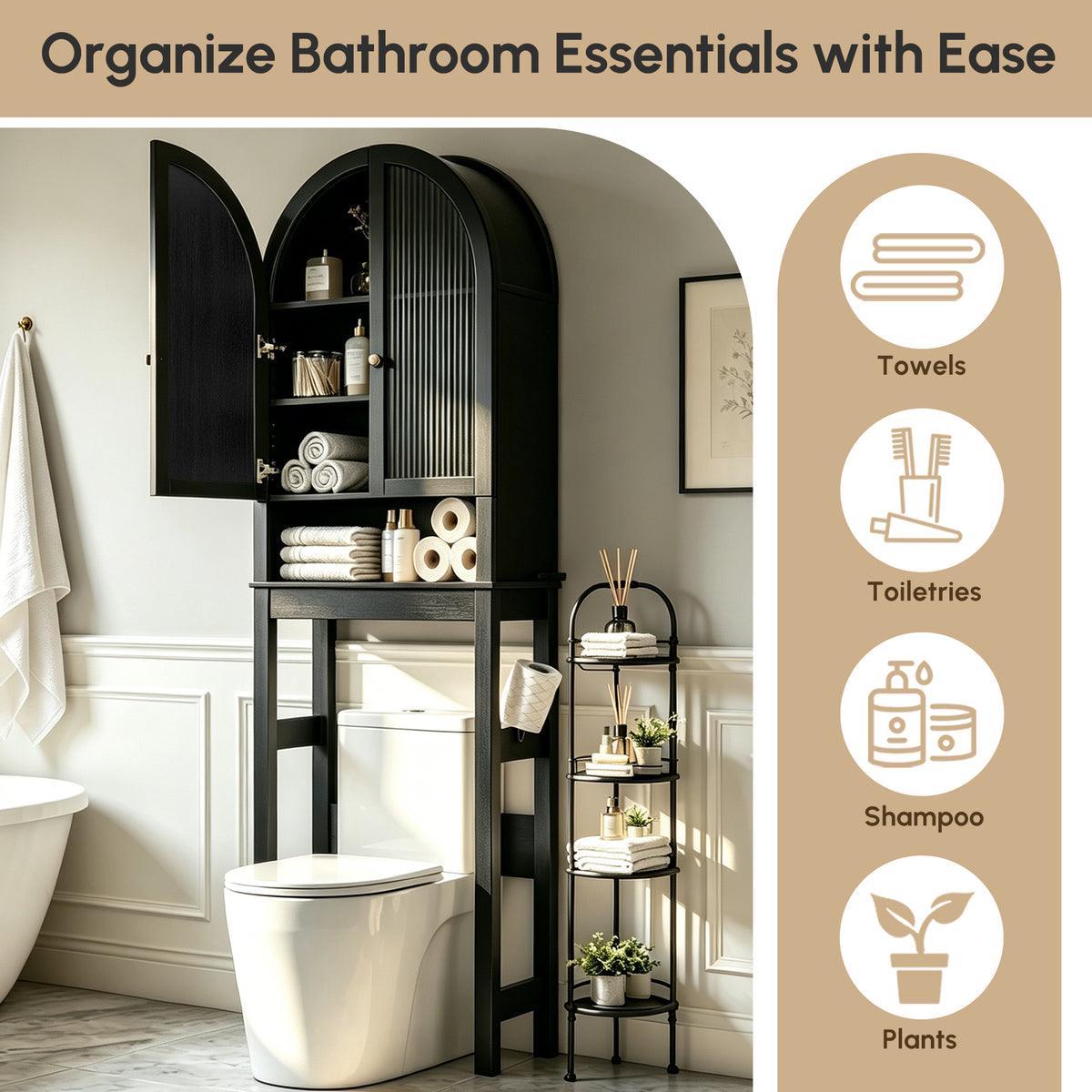 HMstone Over The Toilet Storage Cabinet, 23.7’’W Bathroom Storage Shelf Organizer with Doors, Freestanding Above The Toilet Storage Cabinet with Adjustable Shelf for Bathroom, Black