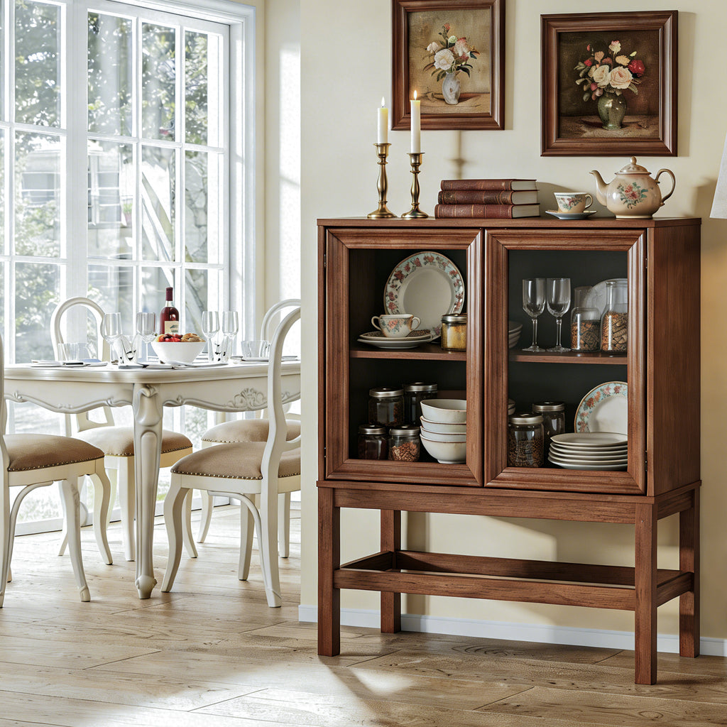 HMstone Sideboard Buffet Cabinet 31"W Storage Cabinet with 2 Glass Press-to-Open Doors, Coffee Bar Cabinet Buffet Table with Shelves for Kitchen, Living Room, Walnut