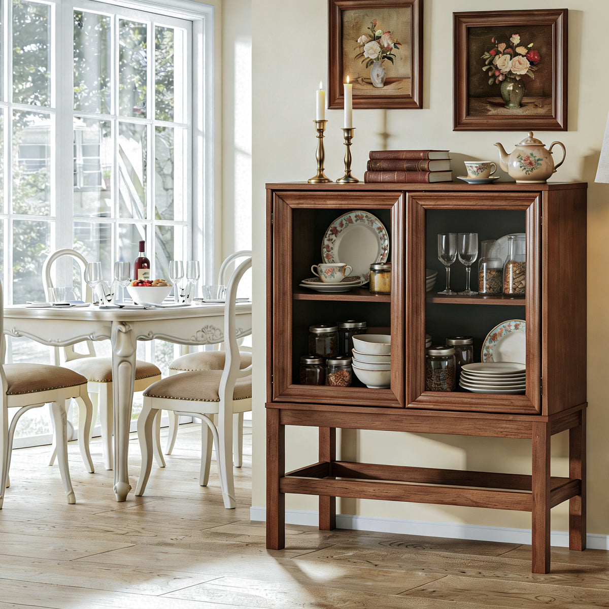 HMstone Sideboard Buffet Cabinet 31"W Storage Cabinet with 2 Glass Press-to-Open Doors, Coffee Bar Cabinet Buffet Table with Shelves for Kitchen, Living Room, Walnut