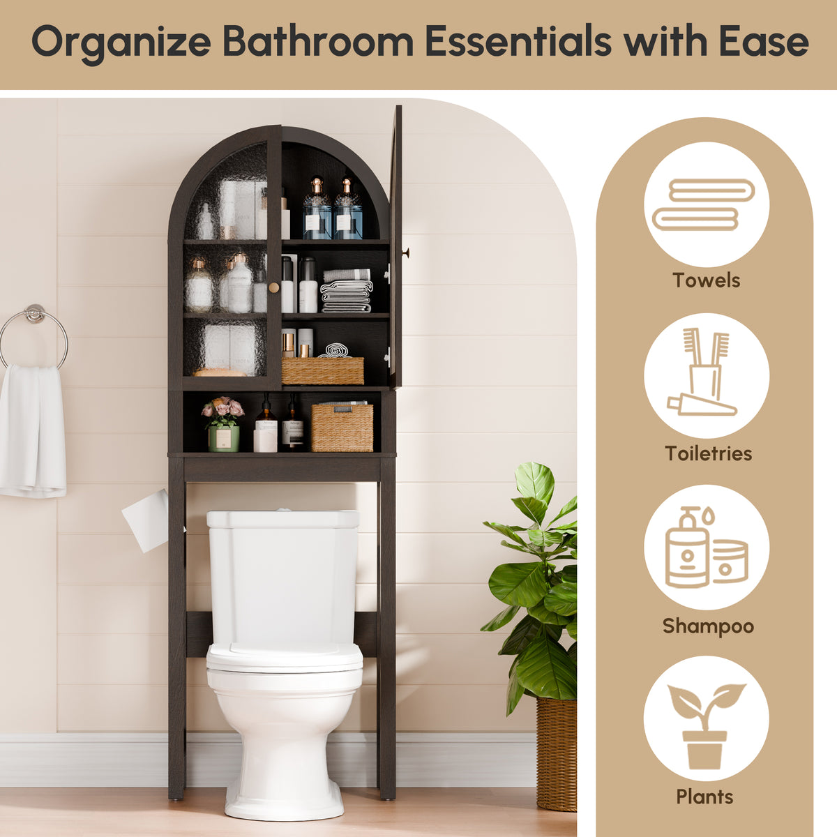 HMstone Over The Toilet Storage Cabinet, 23.7’’W Bathroom Storage Shelf Organizer with Acrylic Doors, Freestanding Above The Toilet Storage Cabinet with Adjustable Shelf for Bathroom, Espresso