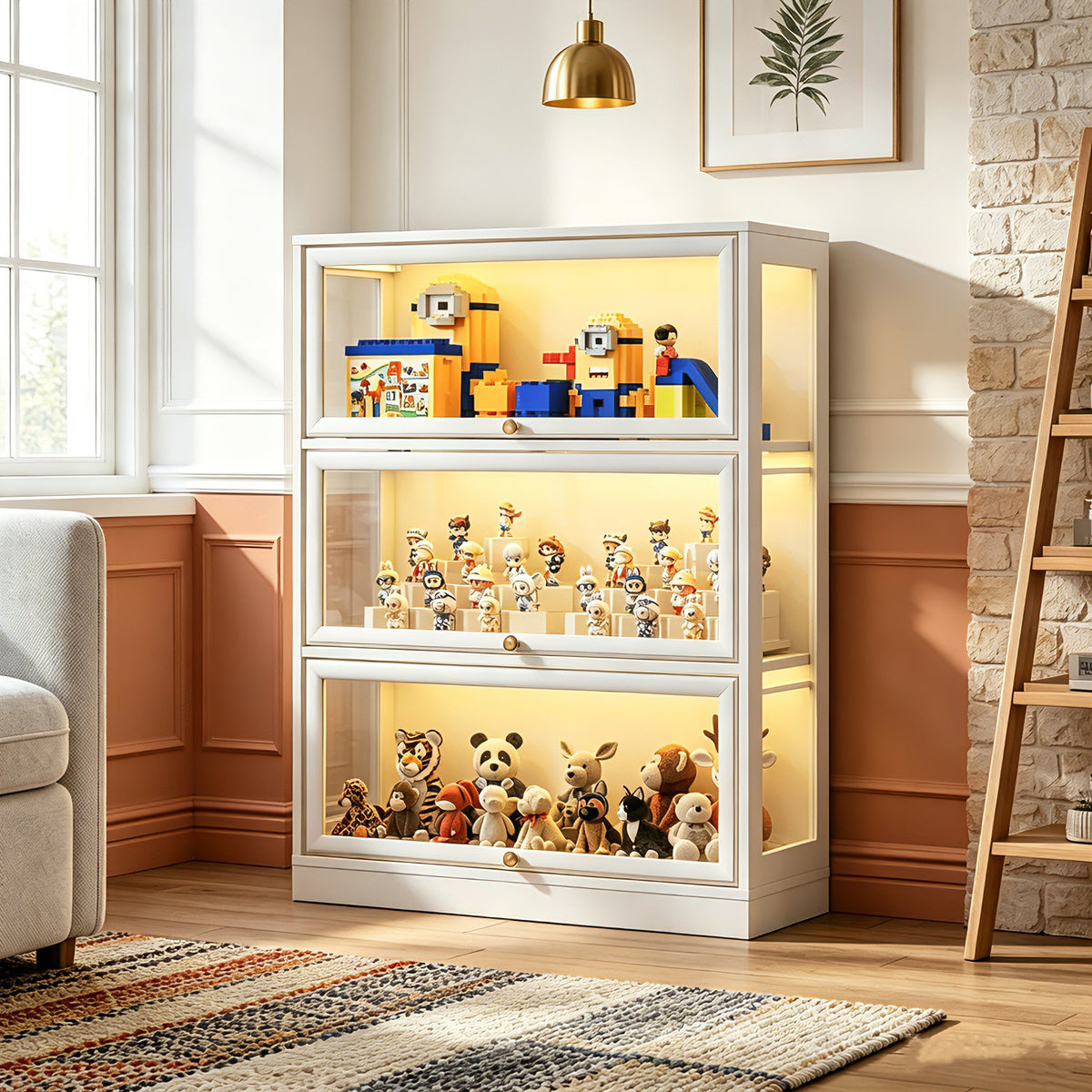HMstone Display Cabinet with Acrylic Glass Doors, 3-Tiers Curio Display Case with LED Lights, 42’’H Storage Cabinet for Collectibles, Books, White