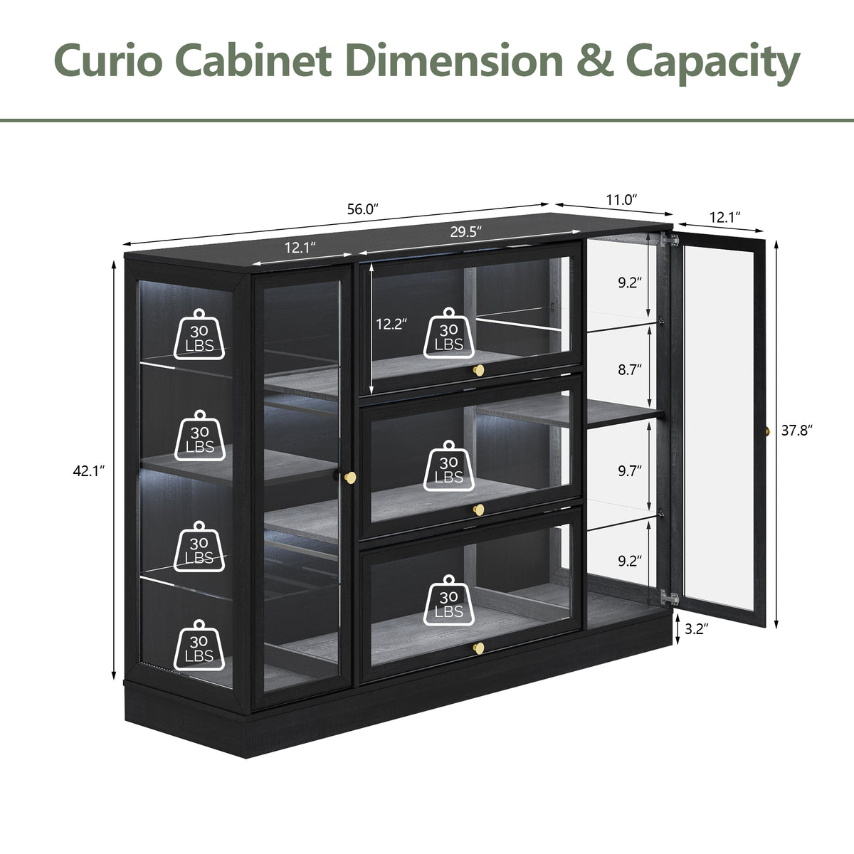 HMstone Display Cabinet with Acrylic Glass Doors, Extra Wide Curio Display Case with LED Lights, 56" W x 42" H Storage Cabinet for Collectibles, Books, Black