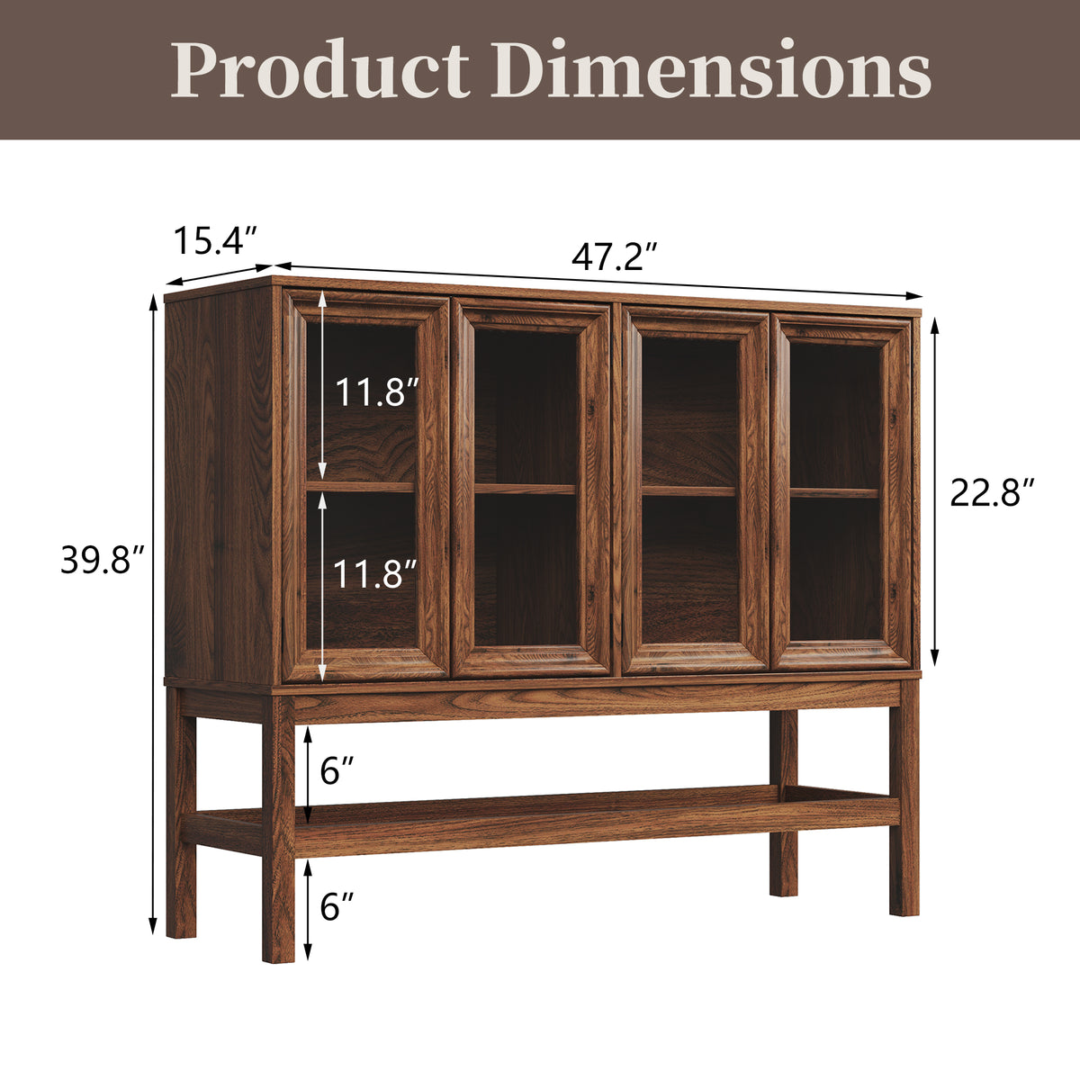 HMstone Sideboard Buffet Cabinet 47"W Storage Cabinet with 4 Glass Press-to-Open Doors, Coffee Bar Cabinet Buffet Table with Shelves for Kitchen, Living Room, Walnut