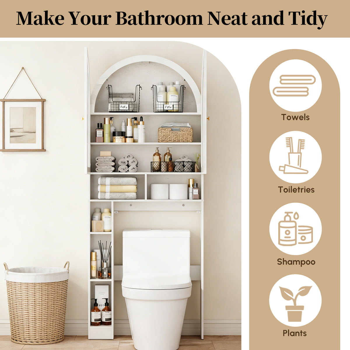 HMstone Over The Toilet Storage Cabinet, 29.7’’W Bathroom Storage Shelf Organizer with Acrylic Doors, Freestanding Above The Toilet Storage Cabinet with Adjustable Shelf for Bathroom, White
