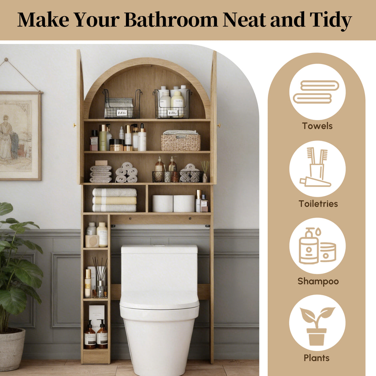 HMstone Over The Toilet Storage Cabinet, 29.7’’W Bathroom Storage Shelf Organizer with Rattan Doors, Freestanding Above The Toilet Storage Cabinet with Adjustable Shelf for Bathroom, Nature