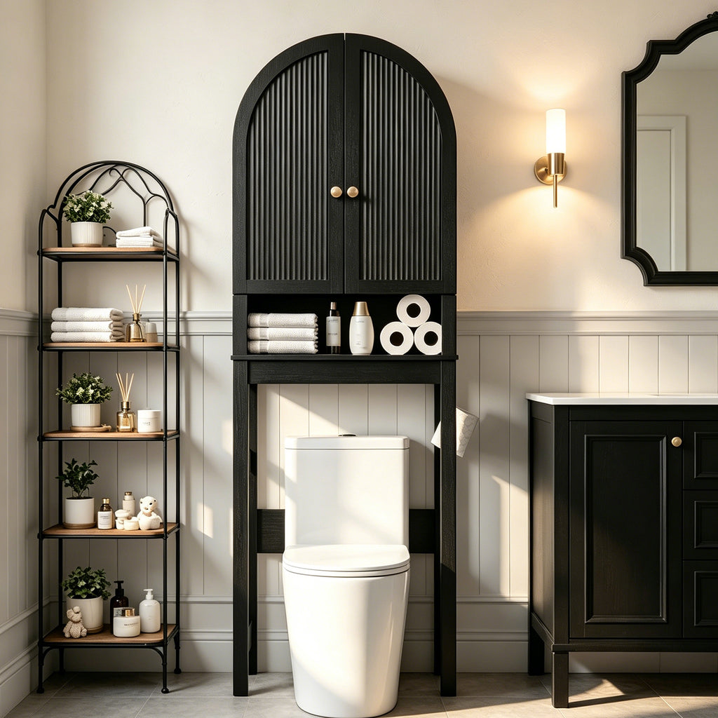 HMstone Over The Toilet Storage Cabinet, 23.7’’W Bathroom Storage Shelf Organizer with Doors, Freestanding Above The Toilet Storage Cabinet with Adjustable Shelf for Bathroom, Black