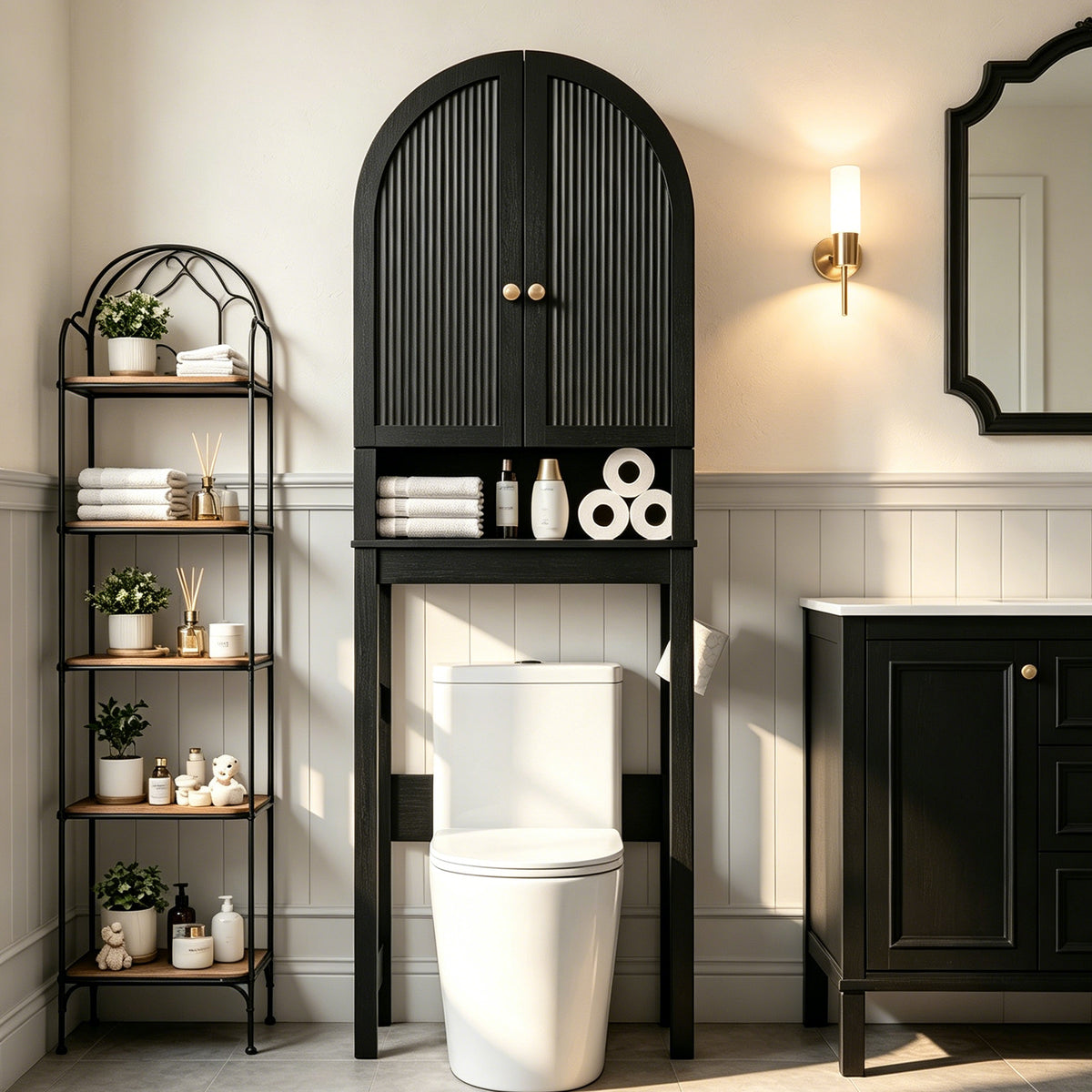 HMstone Over The Toilet Storage Cabinet, 23.7’’W Bathroom Storage Shelf Organizer with Doors, Freestanding Above The Toilet Storage Cabinet with Adjustable Shelf for Bathroom, Black