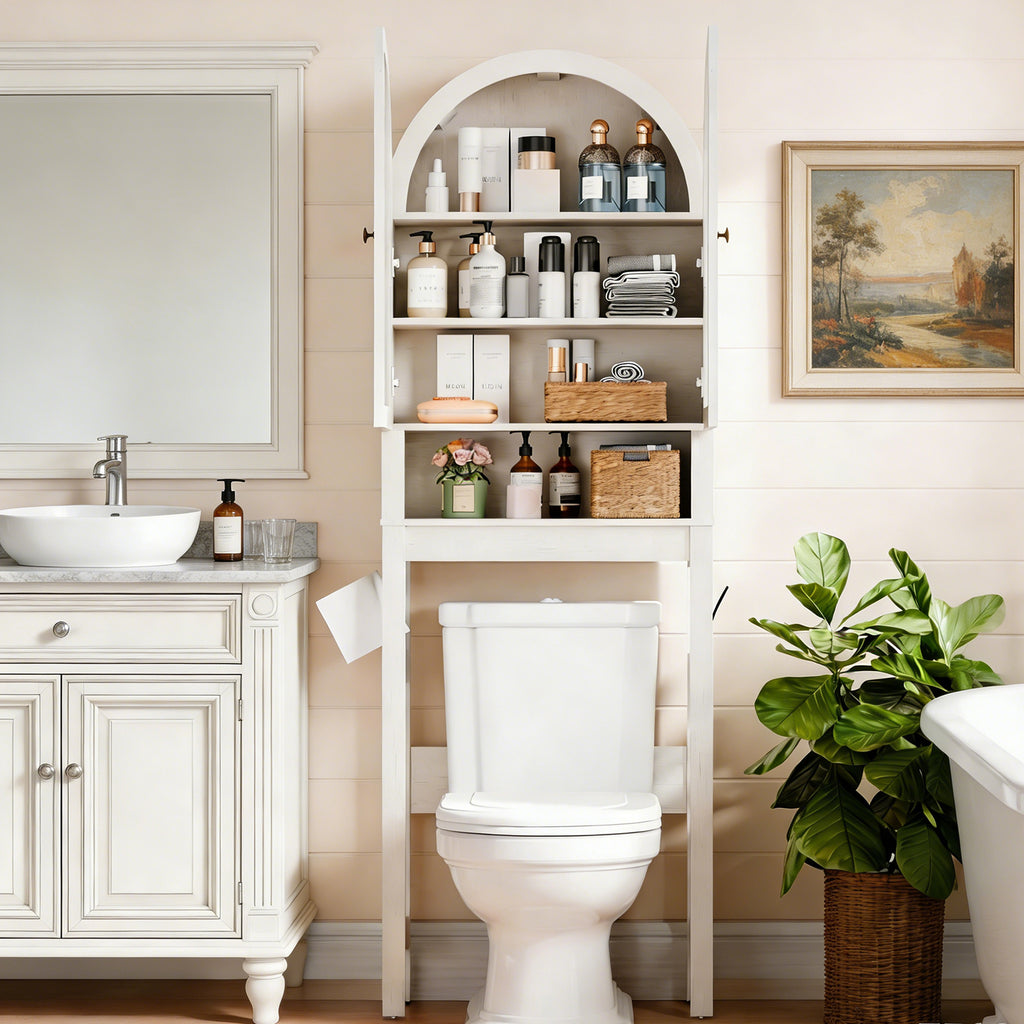 HMstone Over The Toilet Storage Cabinet, 23.7’’W Bathroom Storage Shelf Organizer with Acrylic Doors, Freestanding Above The Toilet Storage Cabinet with Adjustable Shelf for Bathroom, White