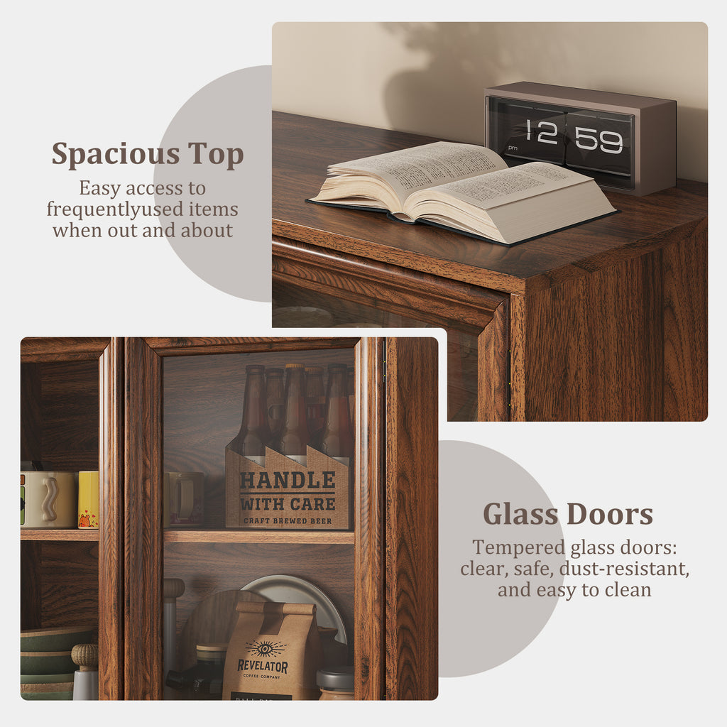 HMstone Sideboard Buffet Cabinet 47"W Storage Cabinet with 4 Glass Press-to-Open Doors, Coffee Bar Cabinet Buffet Table with Shelves for Kitchen, Living Room, Walnut