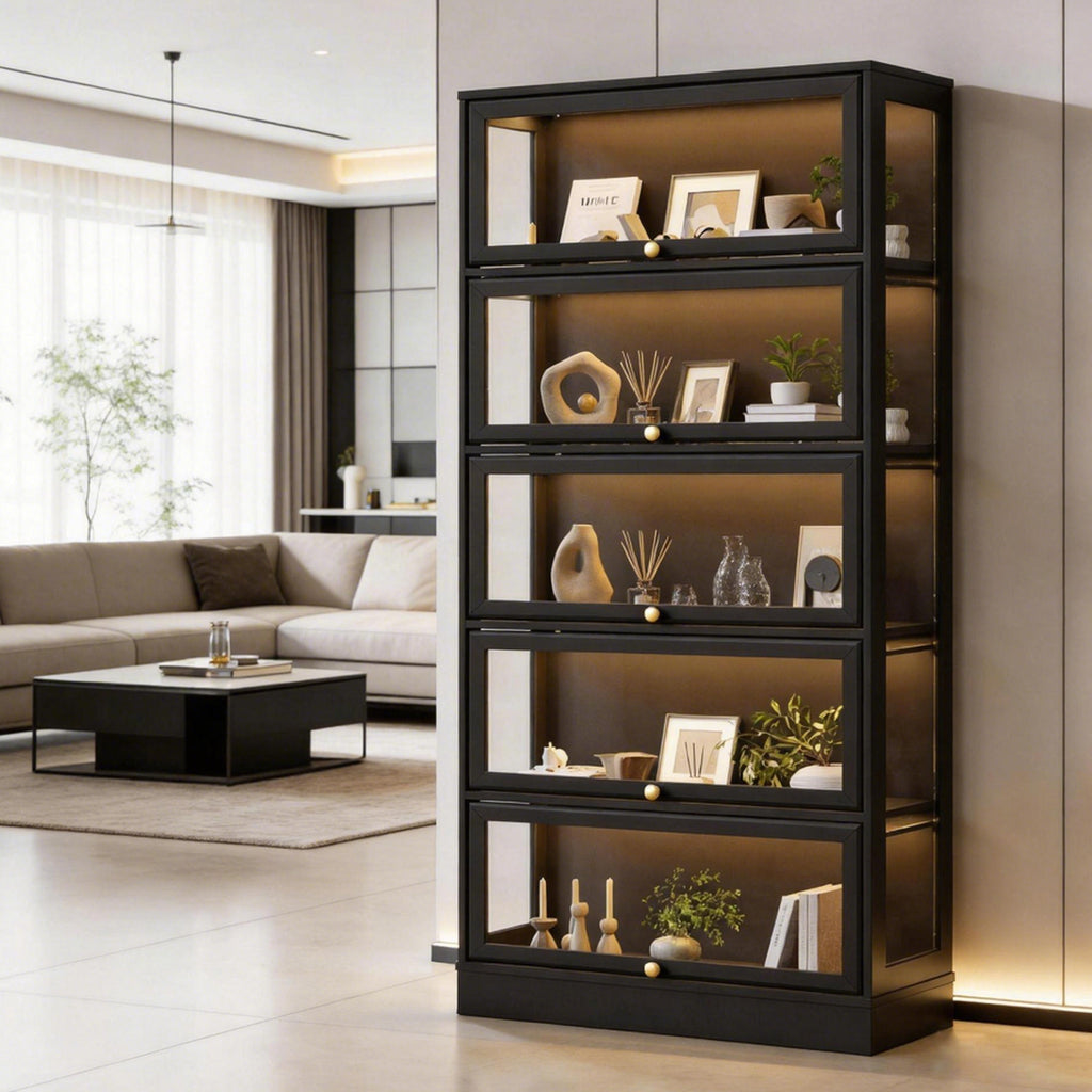 HMstone Display Cabinet with Acrylic Glass Doors, 5-Tiers Curio Display Case with LED Lights, 67" H Storage Cabinet for Collectibles, Books, Black