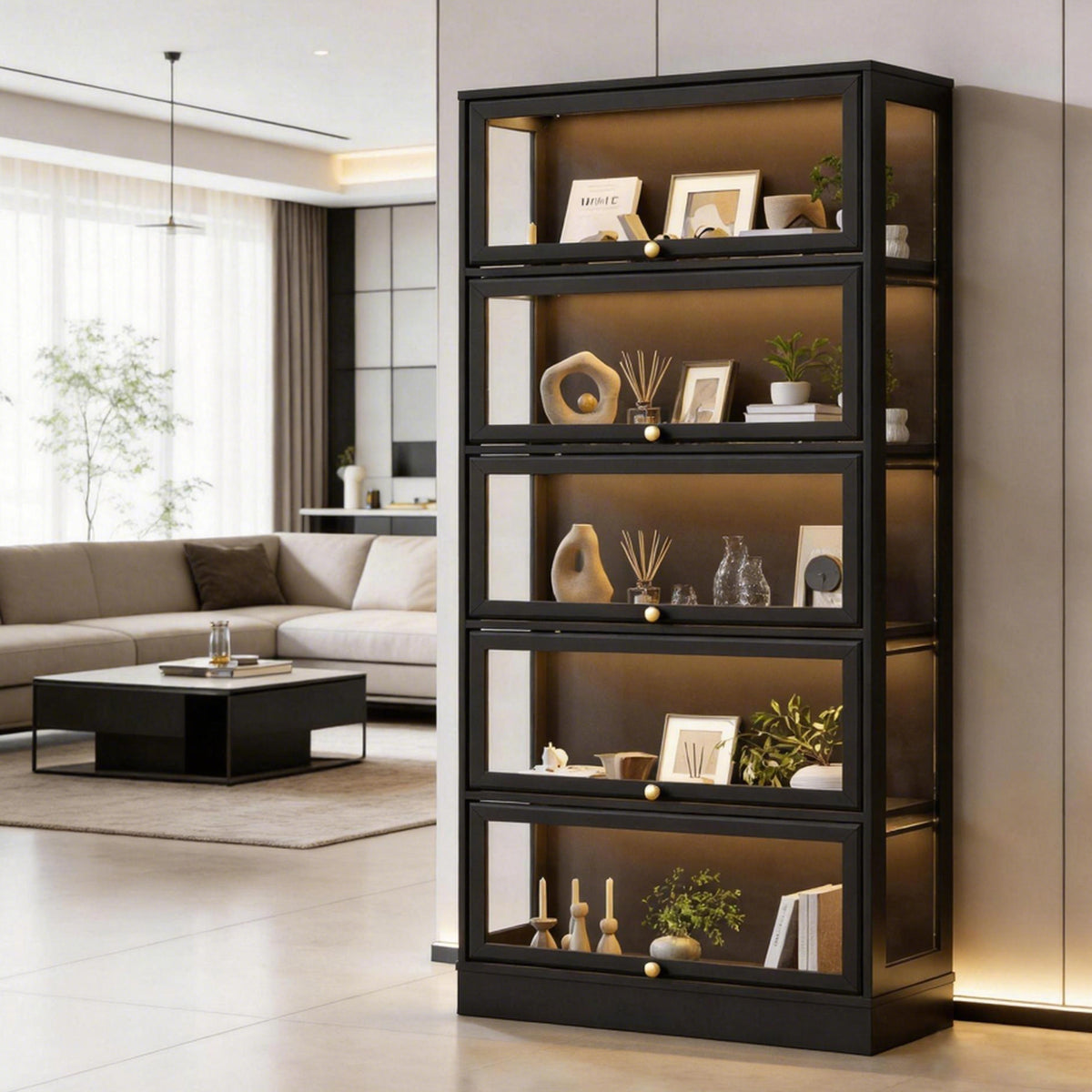 HMstone Display Cabinet with Acrylic Glass Doors, 5-Tiers Curio Display Case with LED Lights, 67" H Storage Cabinet for Collectibles, Books, Black