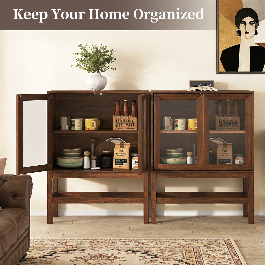 HMstone Sideboard Buffet Cabinet 31"W Storage Cabinet with 2 Glass Press-to-Open Doors, Coffee Bar Cabinet Buffet Table with Shelves for Kitchen, Living Room, Walnut