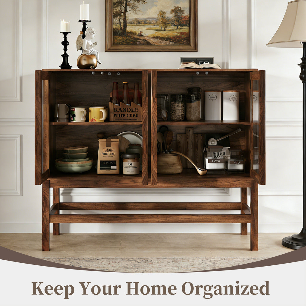 HMstone Sideboard Buffet Cabinet 47"W Storage Cabinet with 4 Glass Press-to-Open Doors, Coffee Bar Cabinet Buffet Table with Shelves for Kitchen, Living Room, Walnut