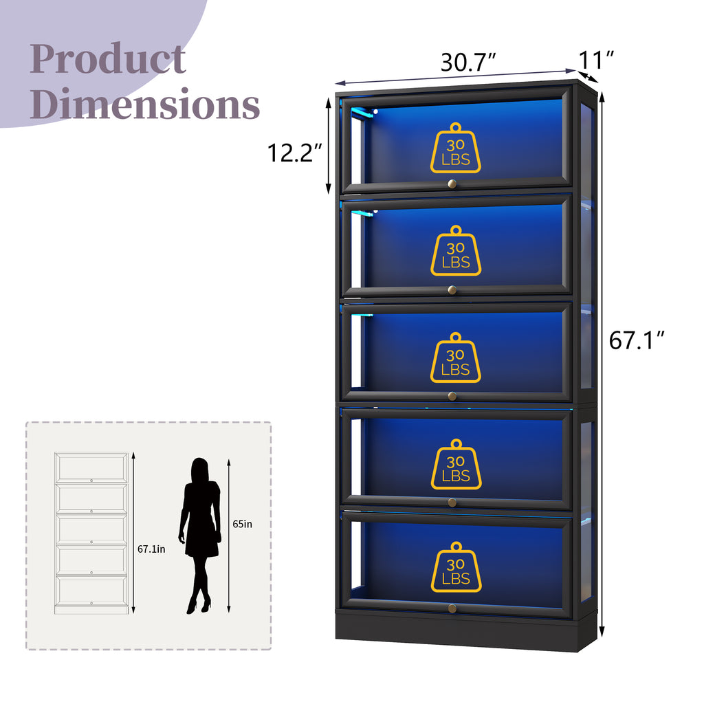 HMstone Display Cabinet with Acrylic Glass Doors, 5-Tiers Curio Display Case with LED Lights, 67" H Storage Cabinet for Collectibles, Books, Black