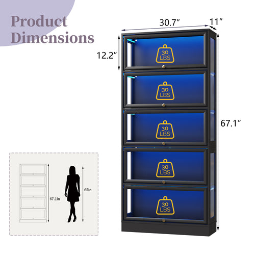 HMstone Display Cabinet with Acrylic Glass Doors, 5-Tiers Curio Display Case with LED Lights, 67" H Storage Cabinet for Collectibles, Books, Black