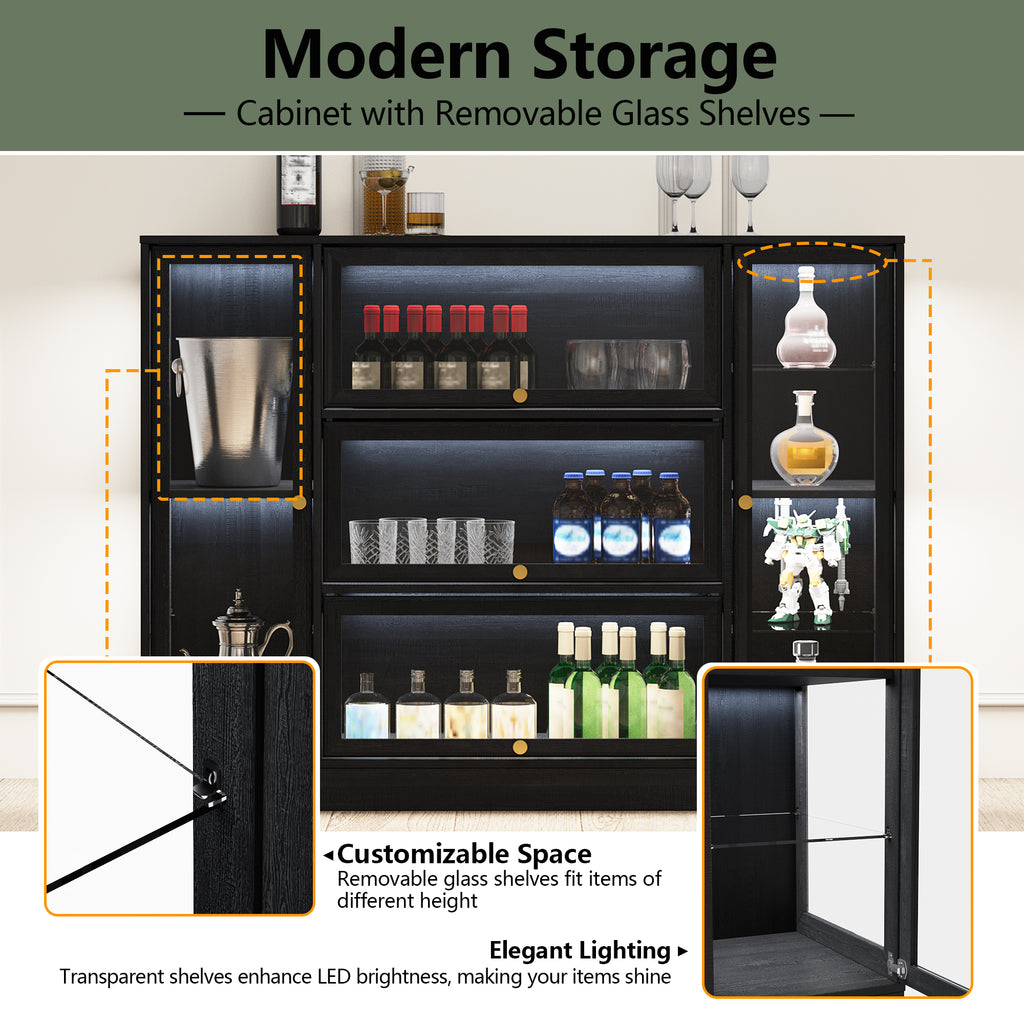 HMstone Display Cabinet with Acrylic Glass Doors, Extra Wide Curio Display Case with LED Lights, 56" W x 42" H Storage Cabinet for Collectibles, Books, Black