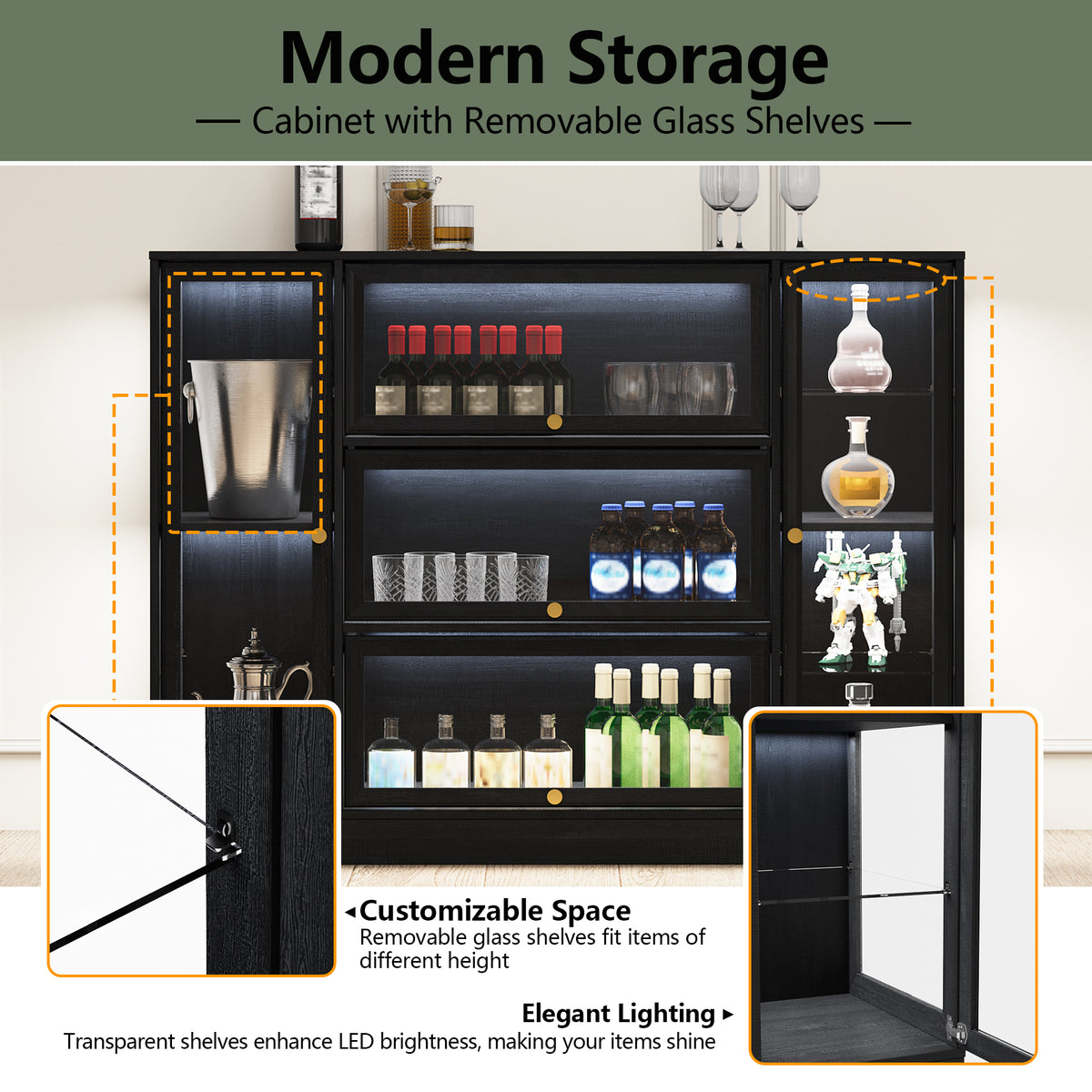 HMstone Display Cabinet with Acrylic Glass Doors, Extra Wide Curio Display Case with LED Lights, 56" W x 42" H Storage Cabinet for Collectibles, Books, Black
