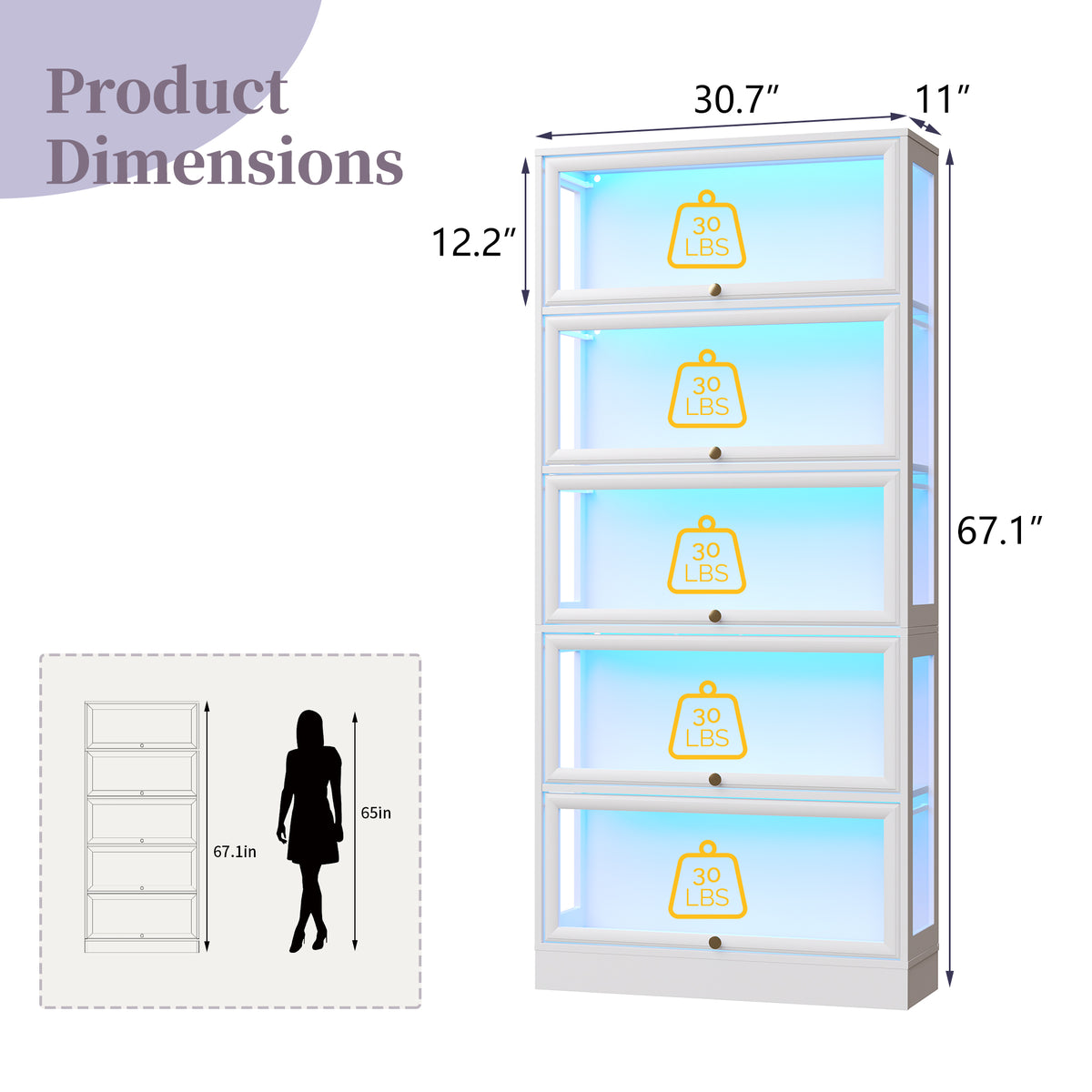 HMstone Display Cabinet with Acrylic Glass Doors, 5-Tiers Curio Display Case with LED Lights, 67" H Storage Cabinet for Collectibles, Books, White