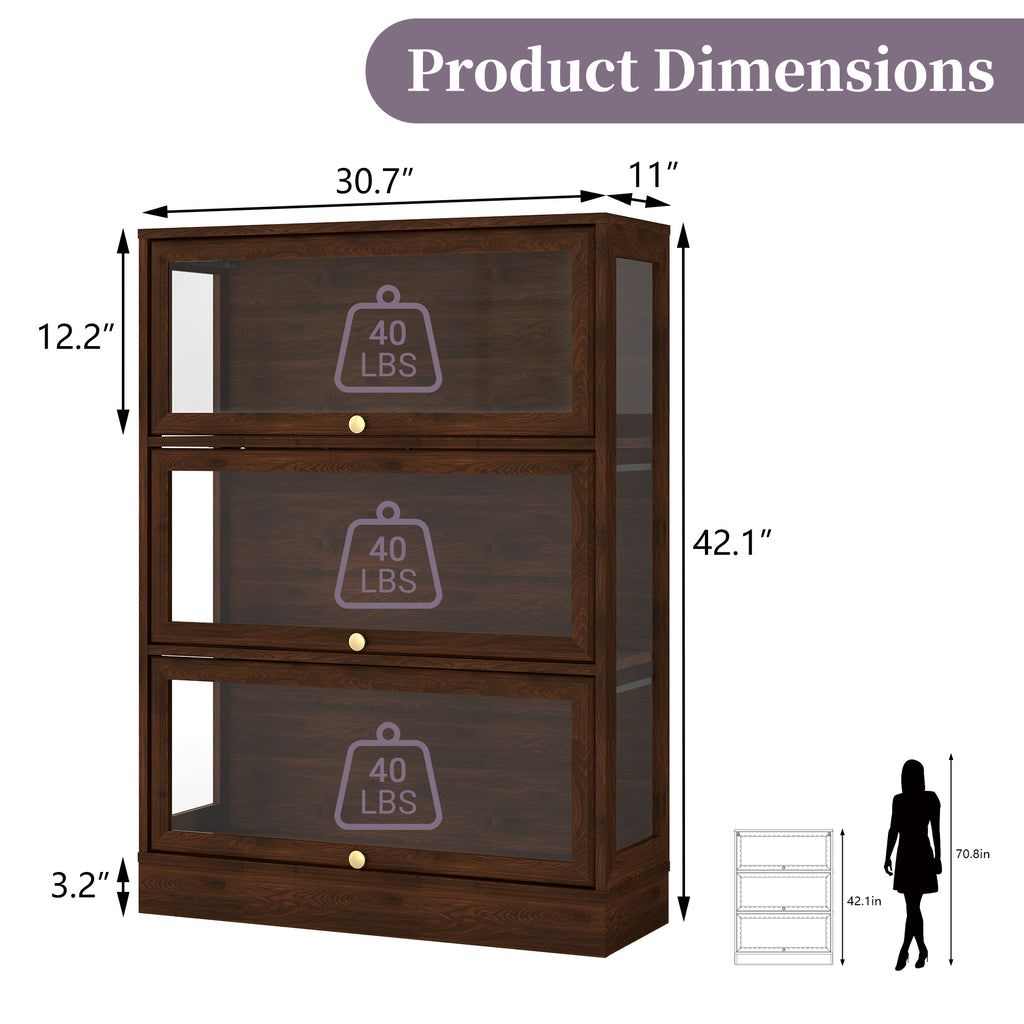 HMstone Display Cabinet with Acrylic Glass Doors, 3-Tiers Curio Display Case with LED Lights, 42’’H Storage Cabinet for Collectibles, Books, Walnut