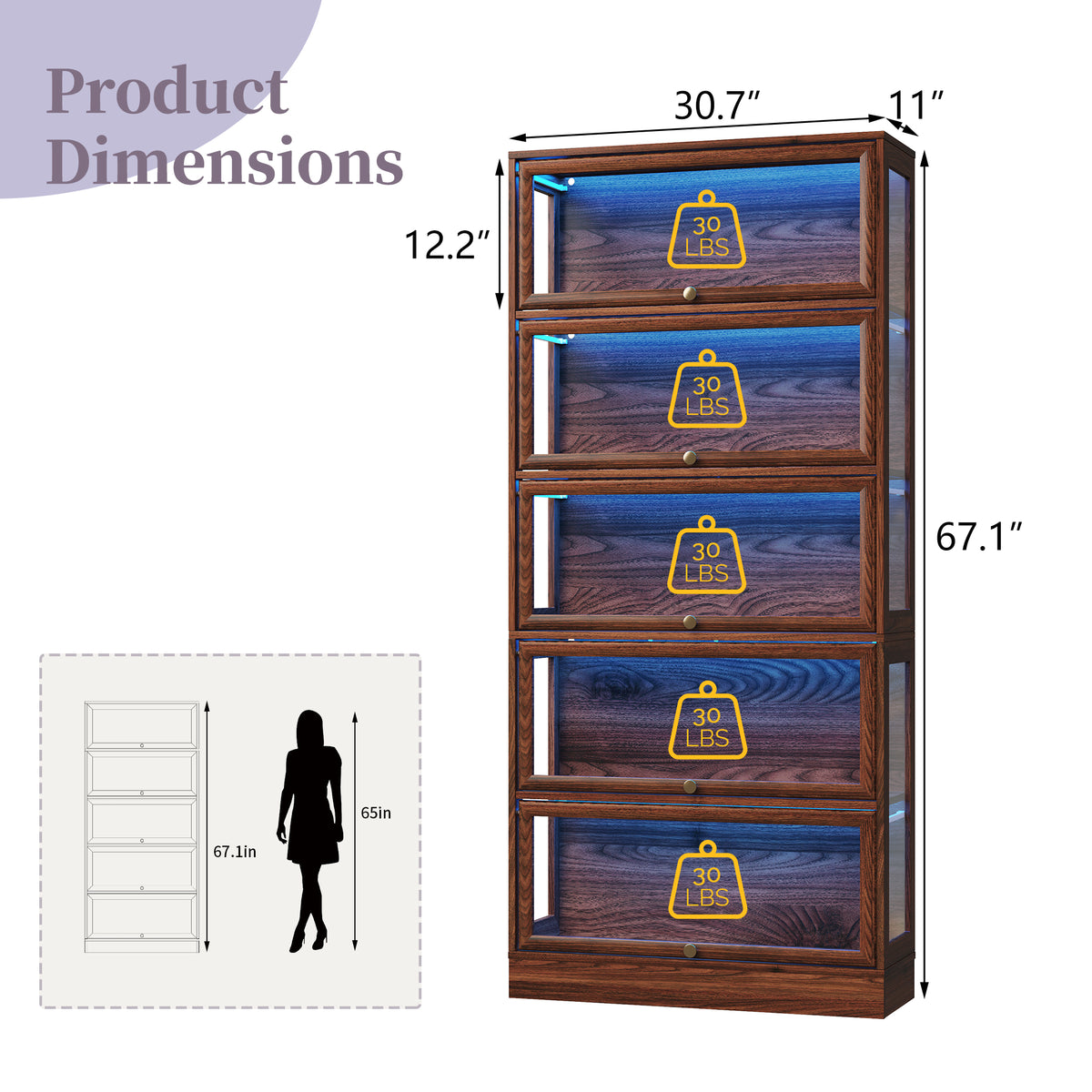 HMstone Display Cabinet with Acrylic Glass Doors, 5-Tiers Curio Display Case with LED Lights, 67" H Storage Cabinet for Collectibles, Books, Walnut