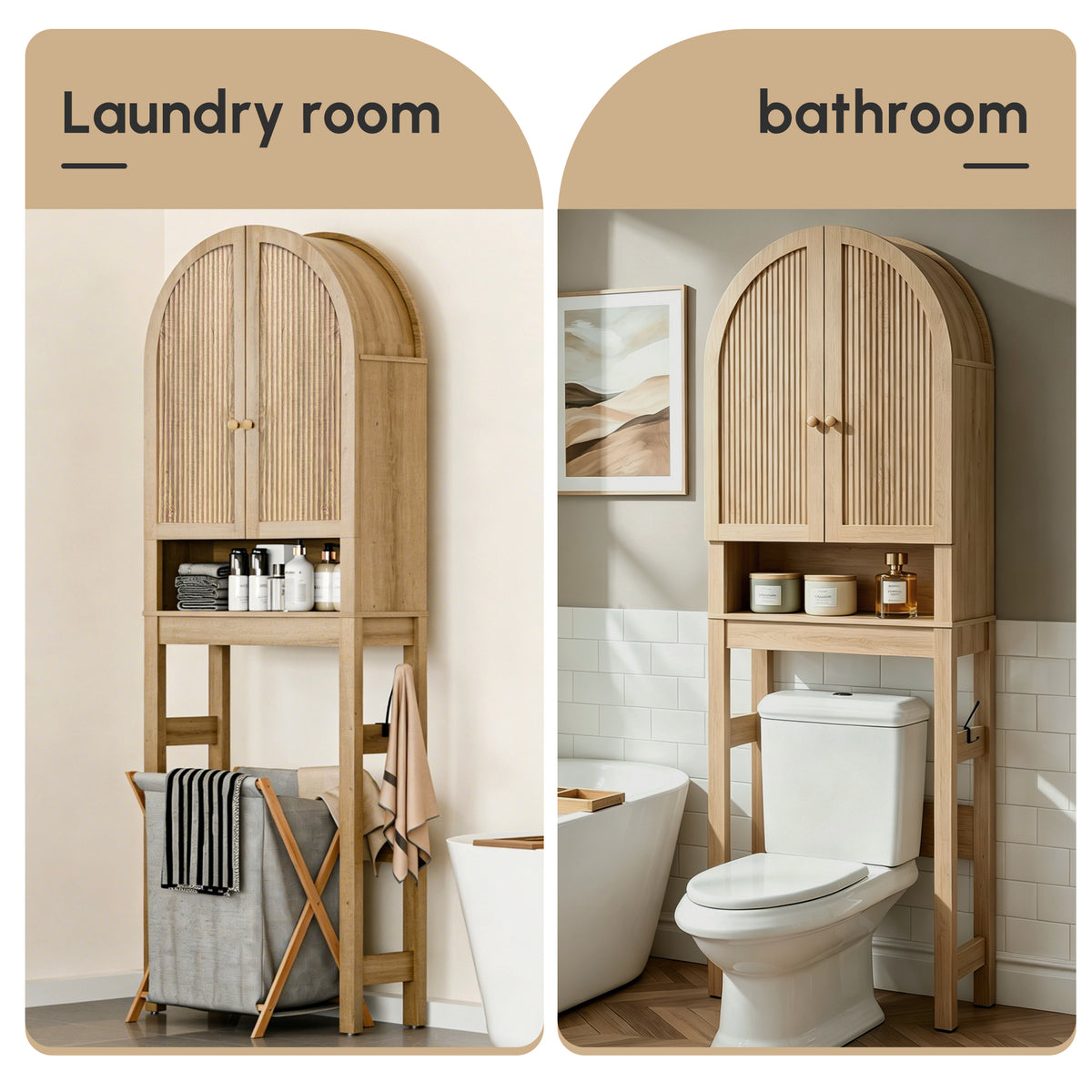 HMstone Over The Toilet Storage Cabinet, 23.7’’W Bathroom Storage Shelf Organizer with Doors, Freestanding Above The Toilet Storage Cabinet with Adjustable Shelf for Bathroom, Natural
