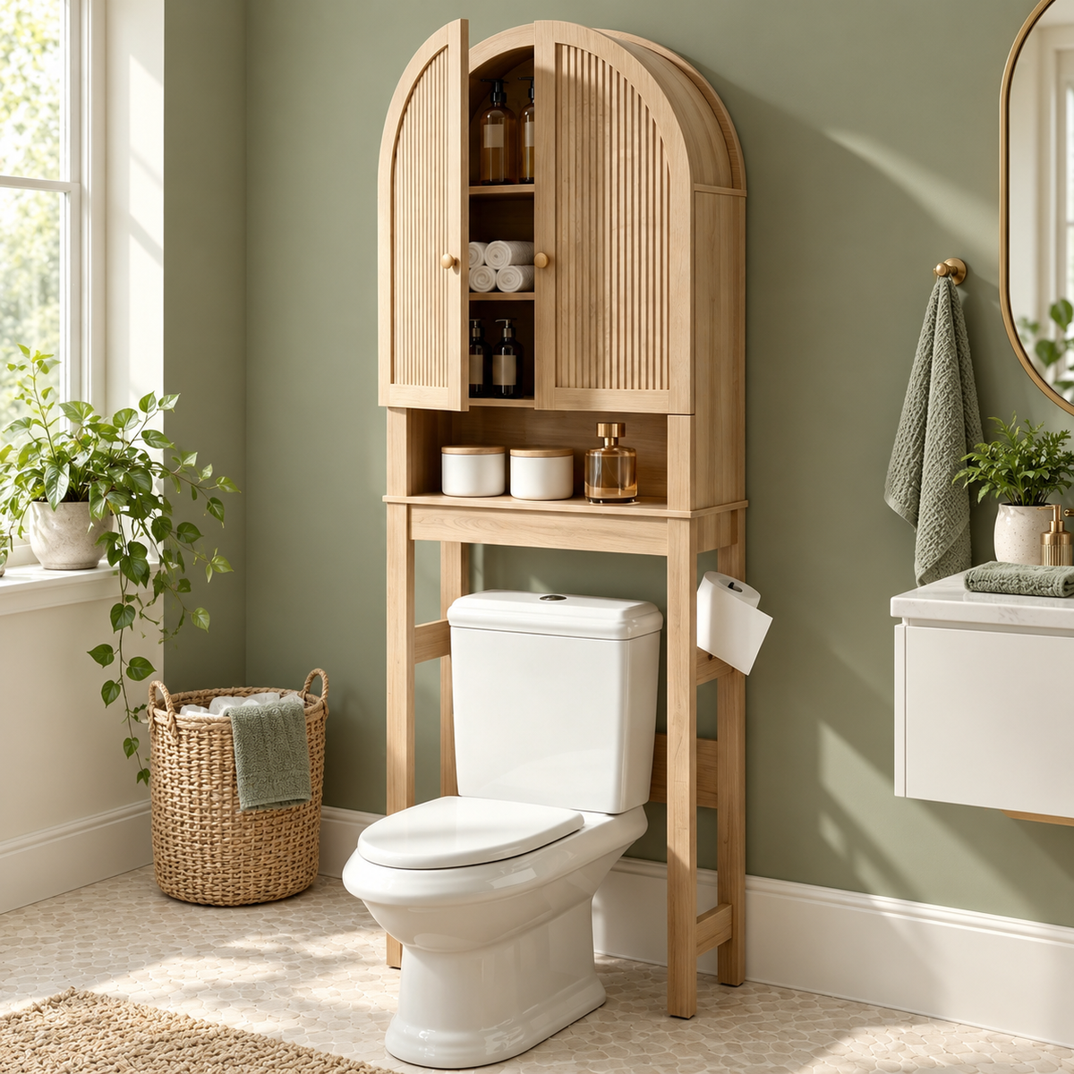 HMstone Over The Toilet Storage Cabinet, 23.7’’W Bathroom Storage Shelf Organizer with Doors, Freestanding Above The Toilet Storage Cabinet with Adjustable Shelf for Bathroom, Natural