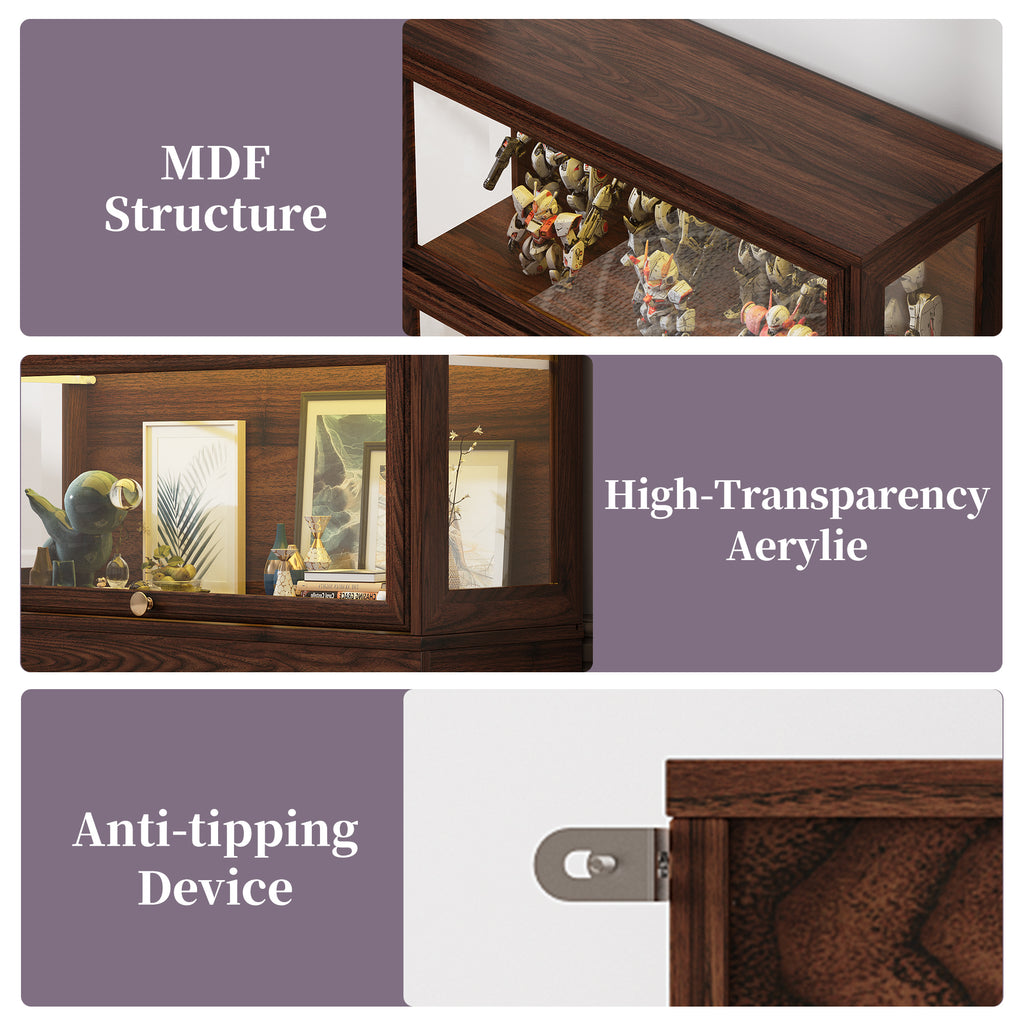 HMstone Display Cabinet with Acrylic Glass Doors, 3-Tiers Curio Display Case with LED Lights, 42’’H Storage Cabinet for Collectibles, Books, Walnut