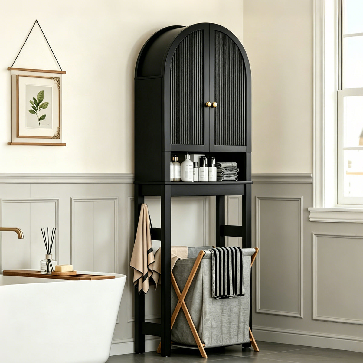 HMstone Over The Toilet Storage Cabinet, 23.7’’W Bathroom Storage Shelf Organizer with Doors, Freestanding Above The Toilet Storage Cabinet with Adjustable Shelf for Bathroom, Black