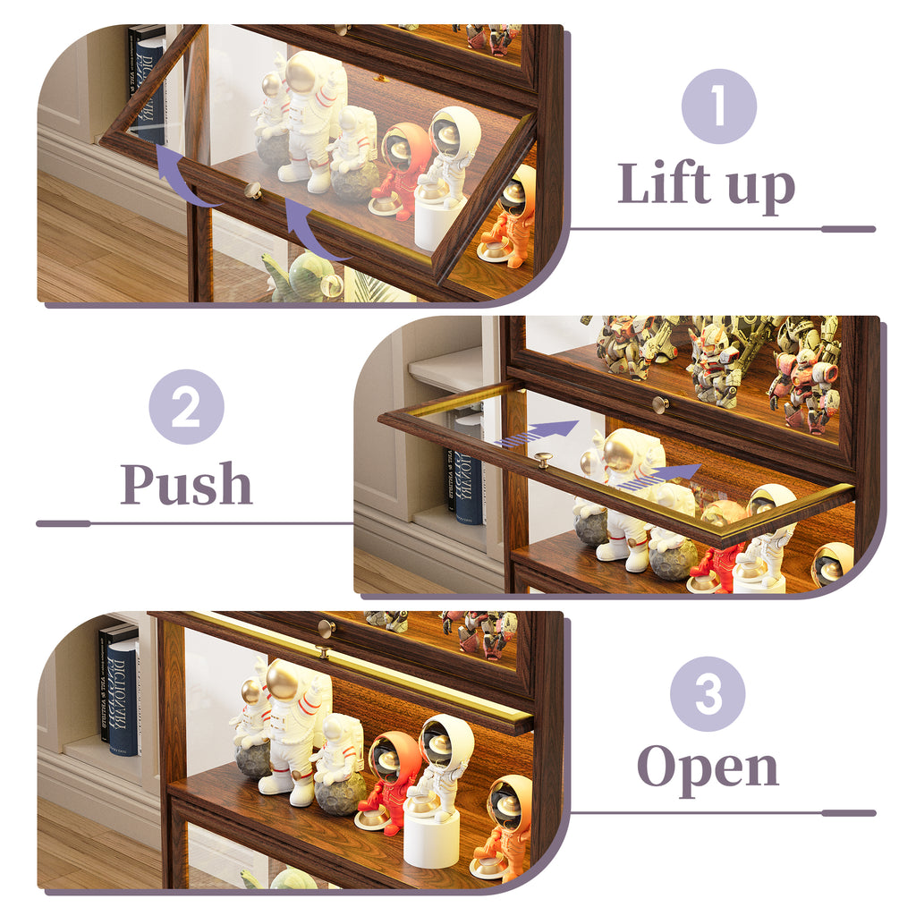 HMstone Display Cabinet with Acrylic Glass Doors, 3-Tiers Curio Display Case with LED Lights, 42’’H Storage Cabinet for Collectibles, Books, Walnut