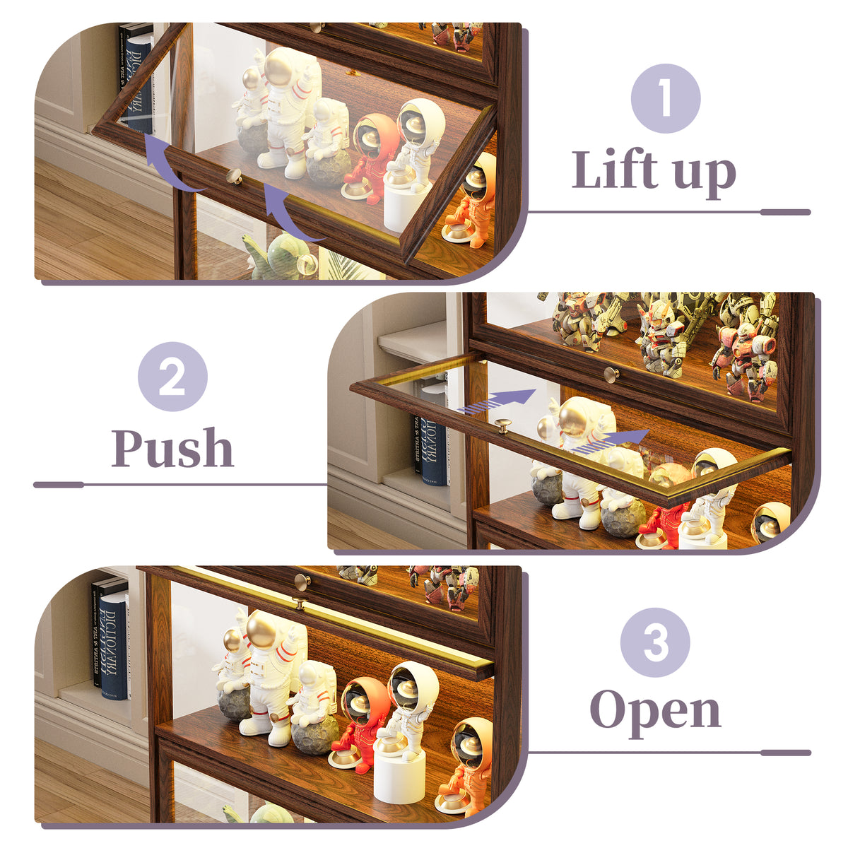 HMstone Display Cabinet with Acrylic Glass Doors, 3-Tiers Curio Display Case with LED Lights, 42’’H Storage Cabinet for Collectibles, Books, Walnut