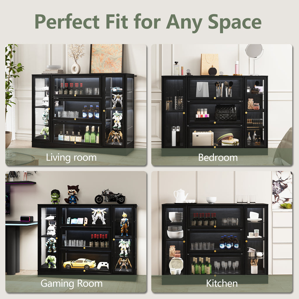 HMstone Display Cabinet with Acrylic Glass Doors, Extra Wide Curio Display Case with LED Lights, 56" W x 42" H Storage Cabinet for Collectibles, Books, Black