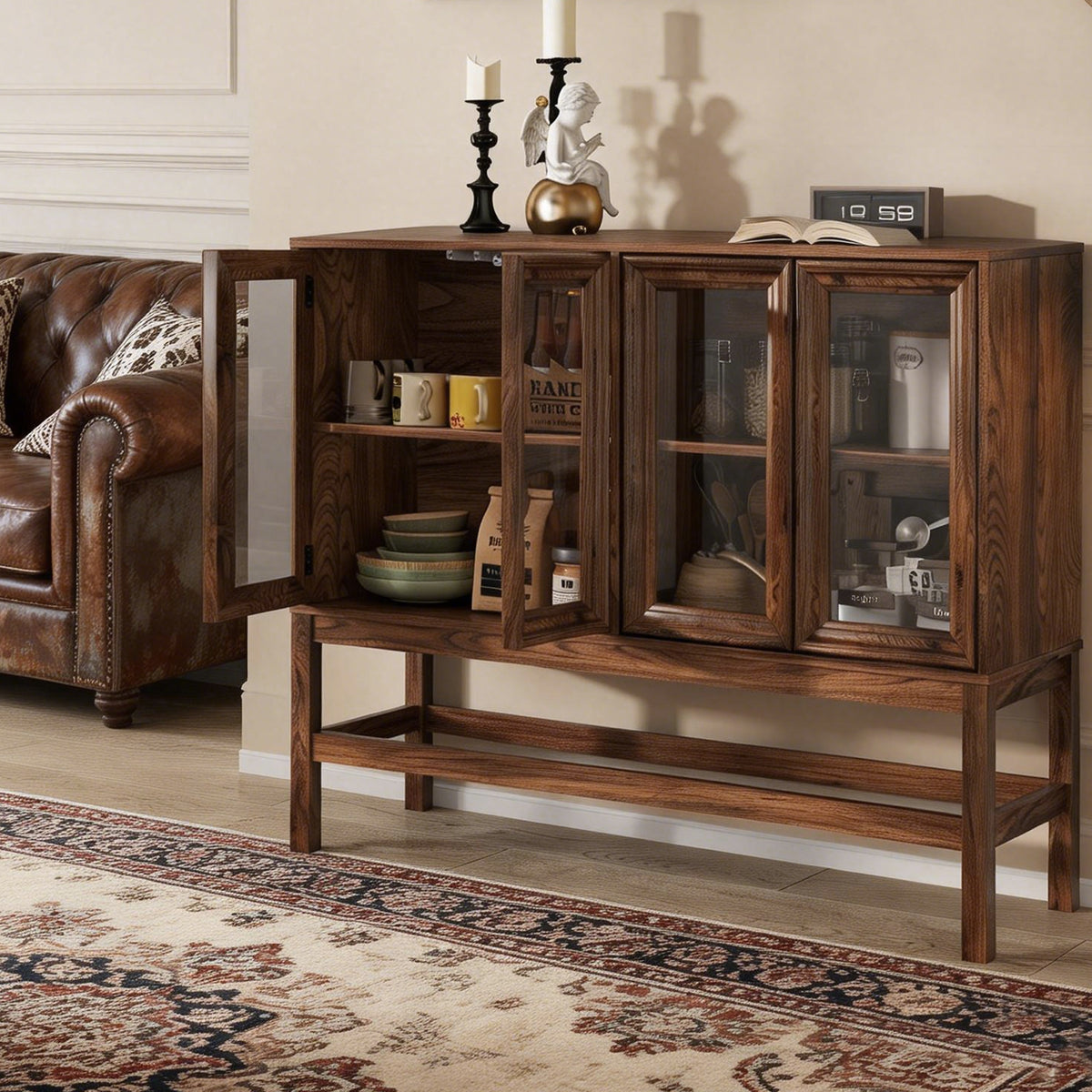 HMstone Sideboard Buffet Cabinet 47"W Storage Cabinet with 4 Glass Press-to-Open Doors, Coffee Bar Cabinet Buffet Table with Shelves for Kitchen, Living Room, Walnut