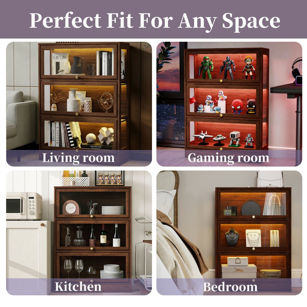 HMstone Display Cabinet with Acrylic Glass Doors, 3-Tiers Curio Display Case with LED Lights, 42’’H Storage Cabinet for Collectibles, Books, Walnut