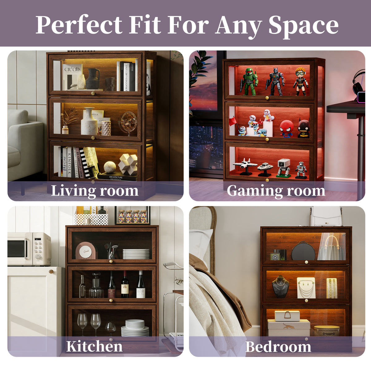HMstone Display Cabinet with Acrylic Glass Doors, 3-Tiers Curio Display Case with LED Lights, 42’’H Storage Cabinet for Collectibles, Books, Walnut