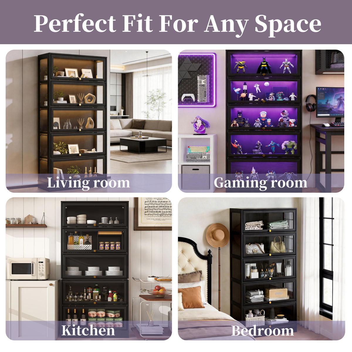 HMstone Display Cabinet with Acrylic Glass Doors, 5-Tiers Curio Display Case with LED Lights, 67" H Storage Cabinet for Collectibles, Books, Black