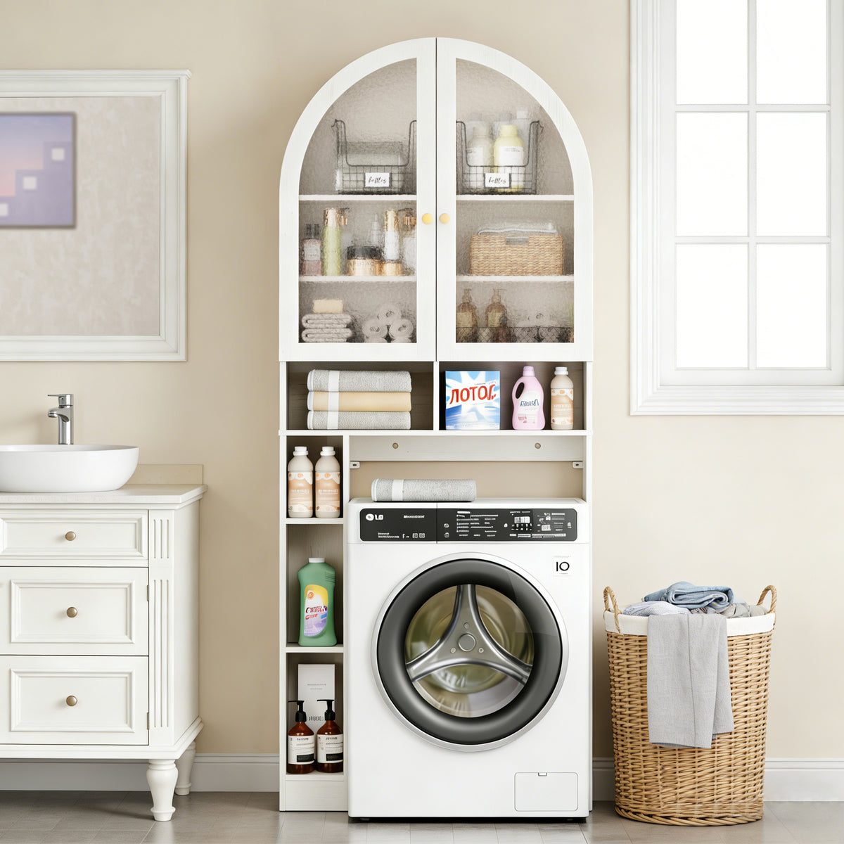 HMstone Over The Toilet Storage Cabinet, 29.7’’W Bathroom Storage Shelf Organizer with Acrylic Doors, Freestanding Above The Toilet Storage Cabinet with Adjustable Shelf for Bathroom, White
