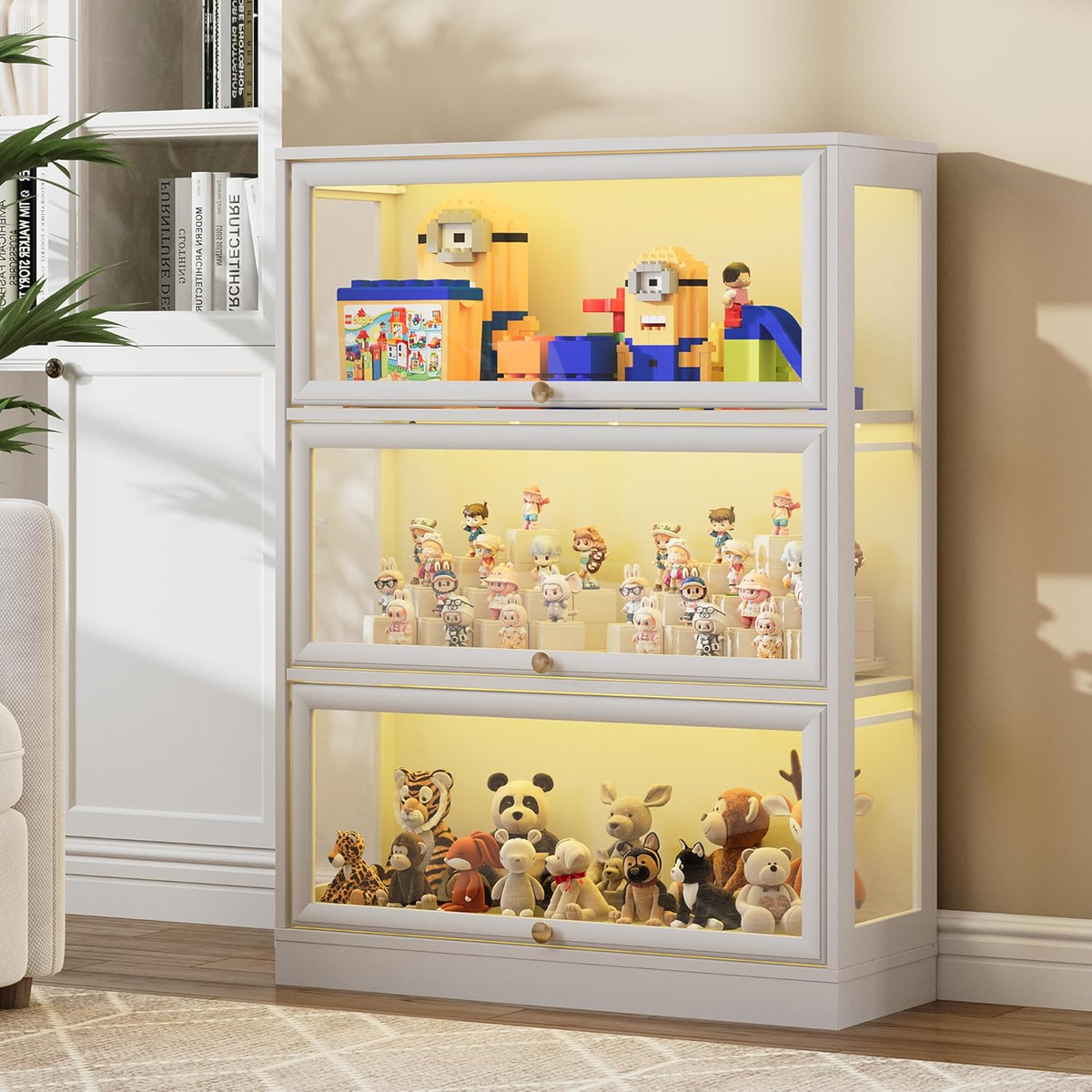HMstone Display Cabinet with Acrylic Glass Doors, 3-Tiers Curio Display Case with LED Lights, 42’’H Storage Cabinet for Collectibles, Books, White