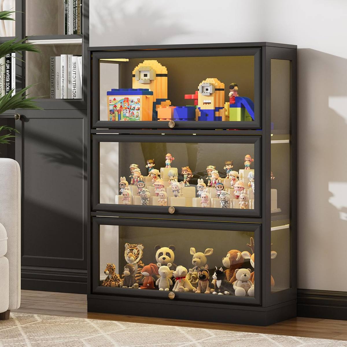 HMstone Display Cabinet with Acrylic Glass Doors, 3-Tiers Curio Display Case with LED Lights, 42’’H Storage Cabinet for Collectibles, Books, Black