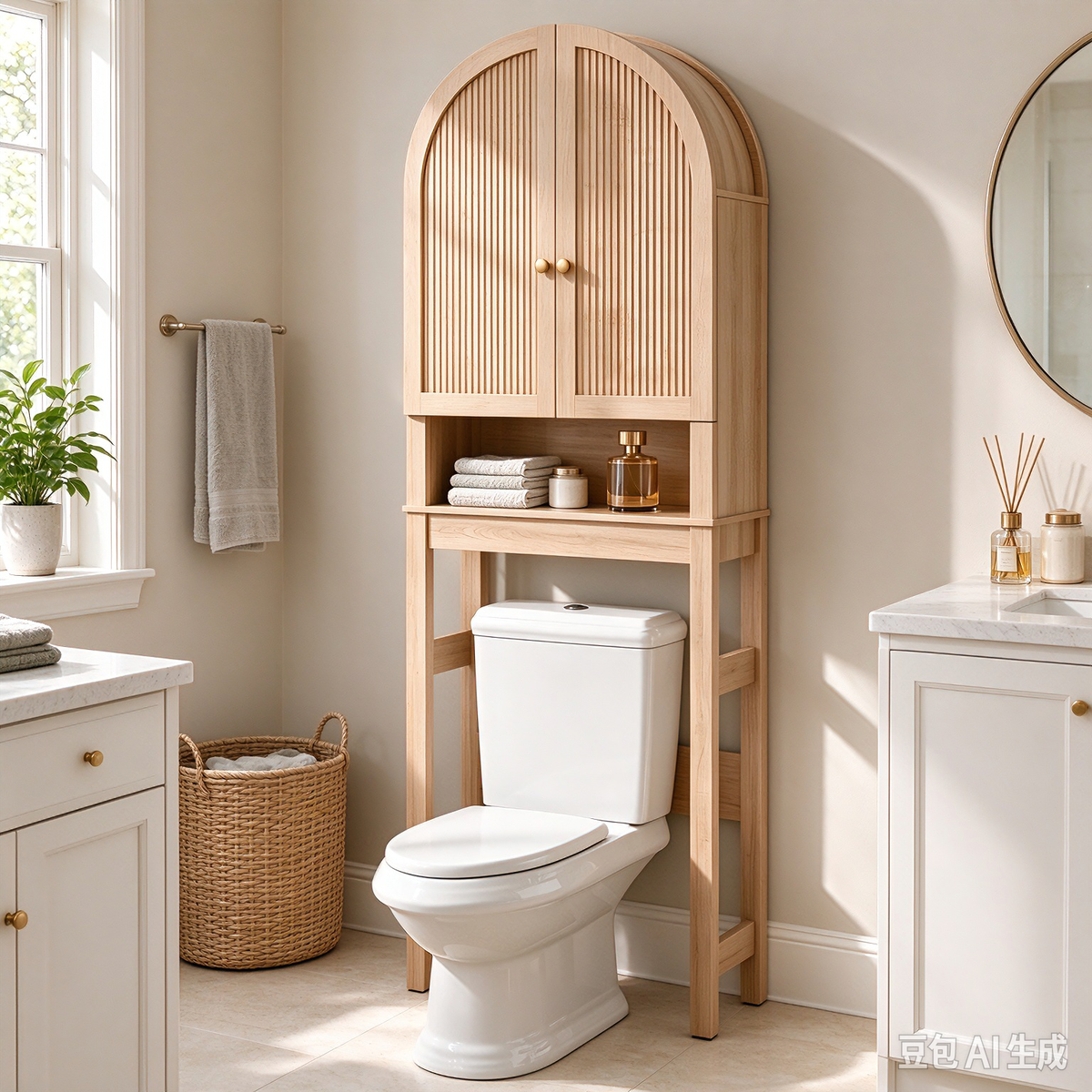 HMstone Over The Toilet Storage Cabinet, 23.7’’W Bathroom Storage Shelf Organizer with Doors, Freestanding Above The Toilet Storage Cabinet with Adjustable Shelf for Bathroom, Natural