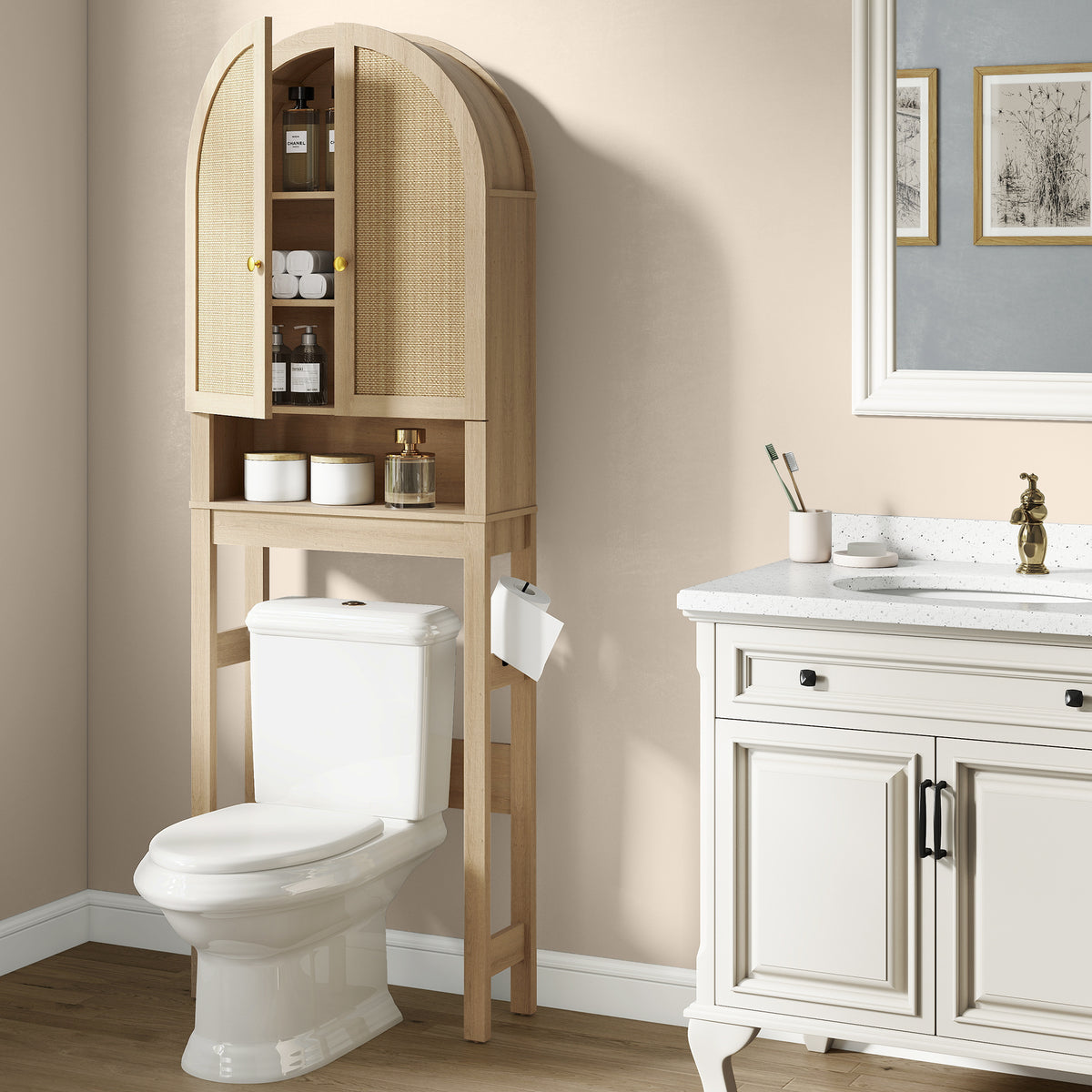 HMstone Over The Toilet Storage Cabinet, 23.7’’W Bathroom Storage Shelf Organizer with Rattan Doors, Freestanding Above The Toilet Storage Cabinet with Adjustable Shelf for Bathroom, Nature